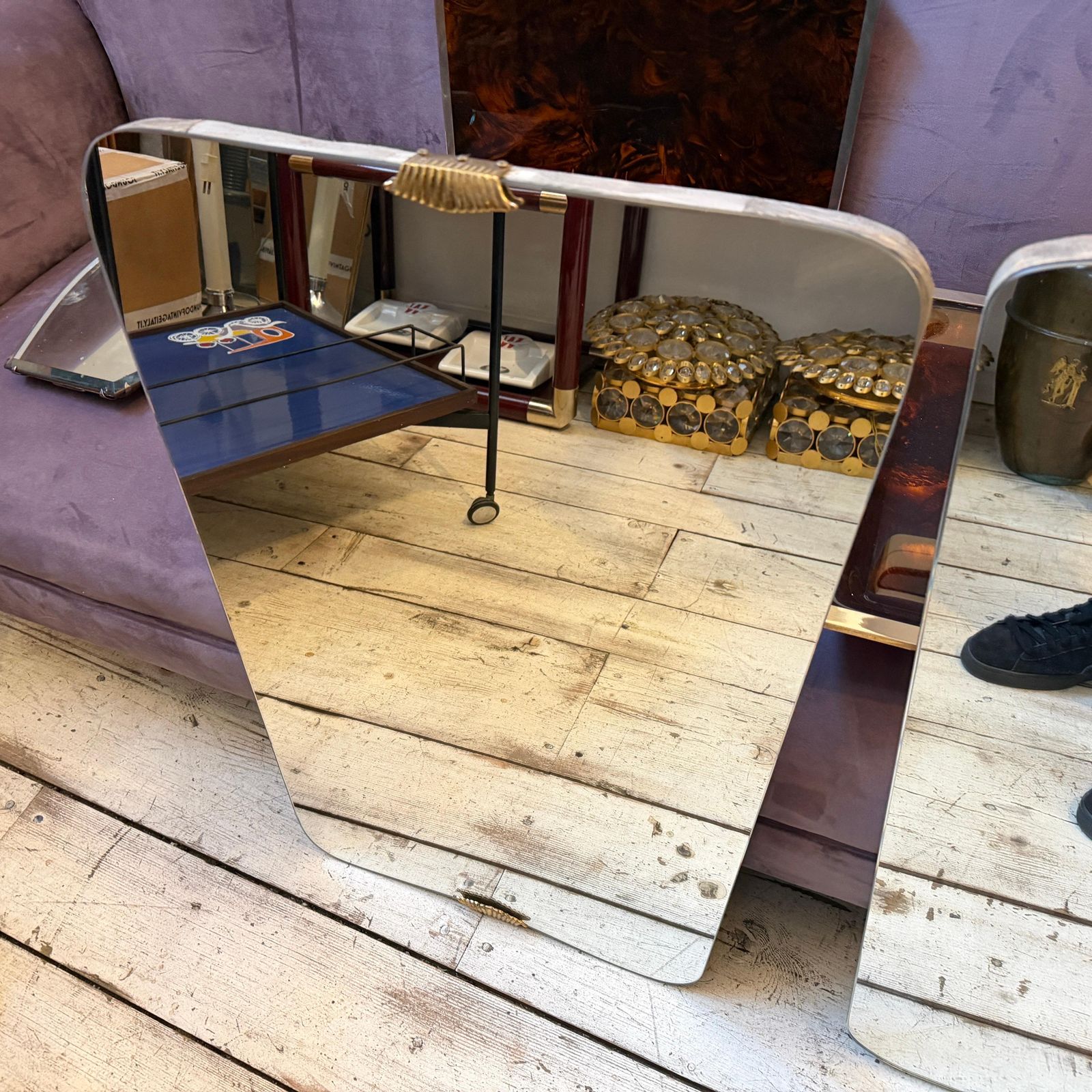 photo furniture Two 1950s Gio Ponti Style Mid Century Modern Wood And Brass Wall Mirrors