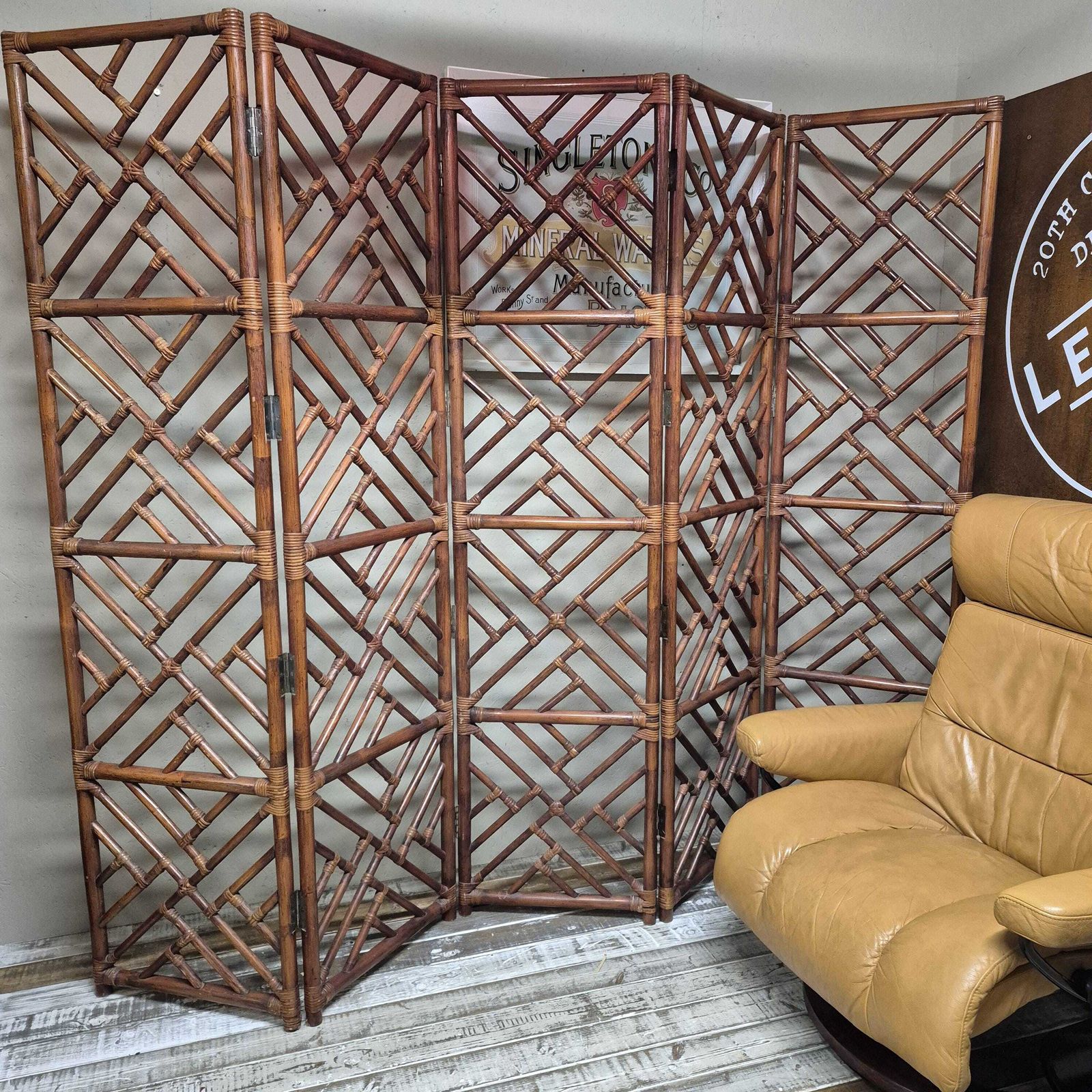 Mid Century Faux Bamboo Folding Room Divider / Discretion Privacy Screen. photo for sale