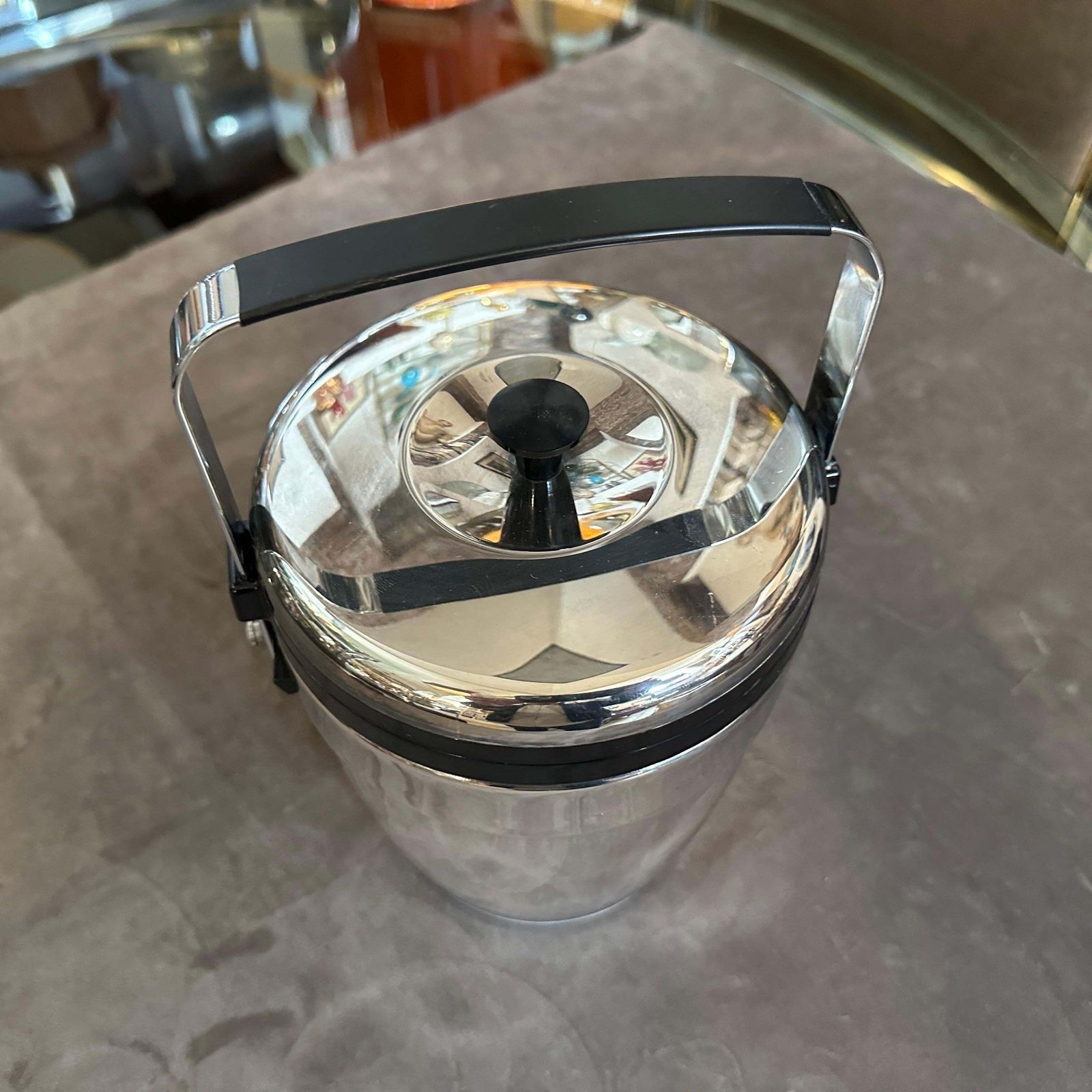 1970s Art Deco Style Chromed Metal And Black Plastic Ice Bucket By Erhard photo for sale