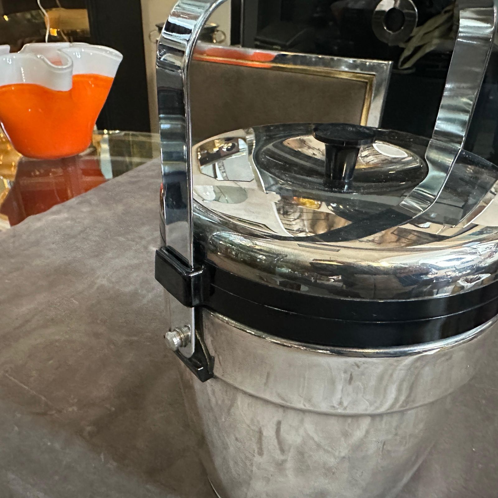 photo furniture 1970s Art Deco Style Chromed Metal And Black Plastic Ice Bucket By Erhard
