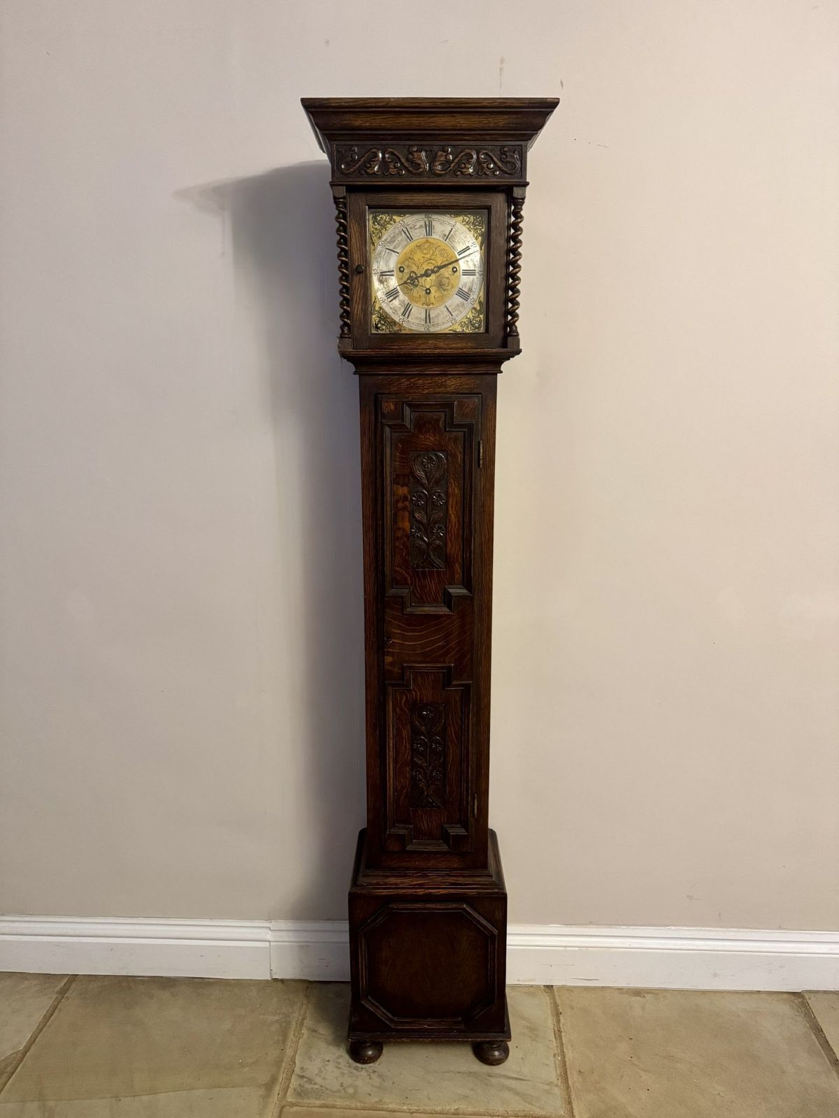 Fine Quality Antique Oak Triple Weight Chiming Grandmother Clock