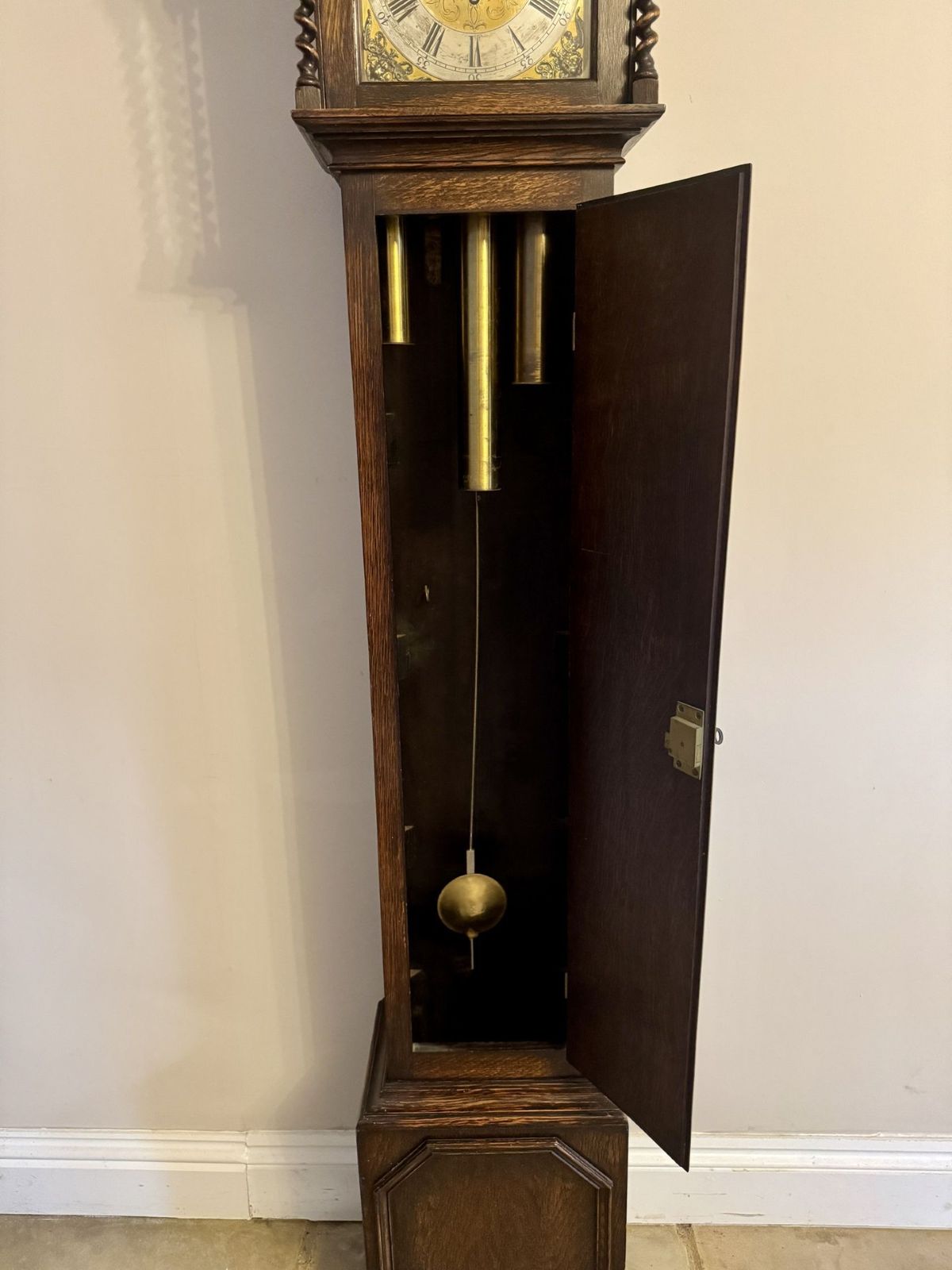 photo furniture Fine Quality Antique Oak Triple Weight Chiming Grandmother Clock