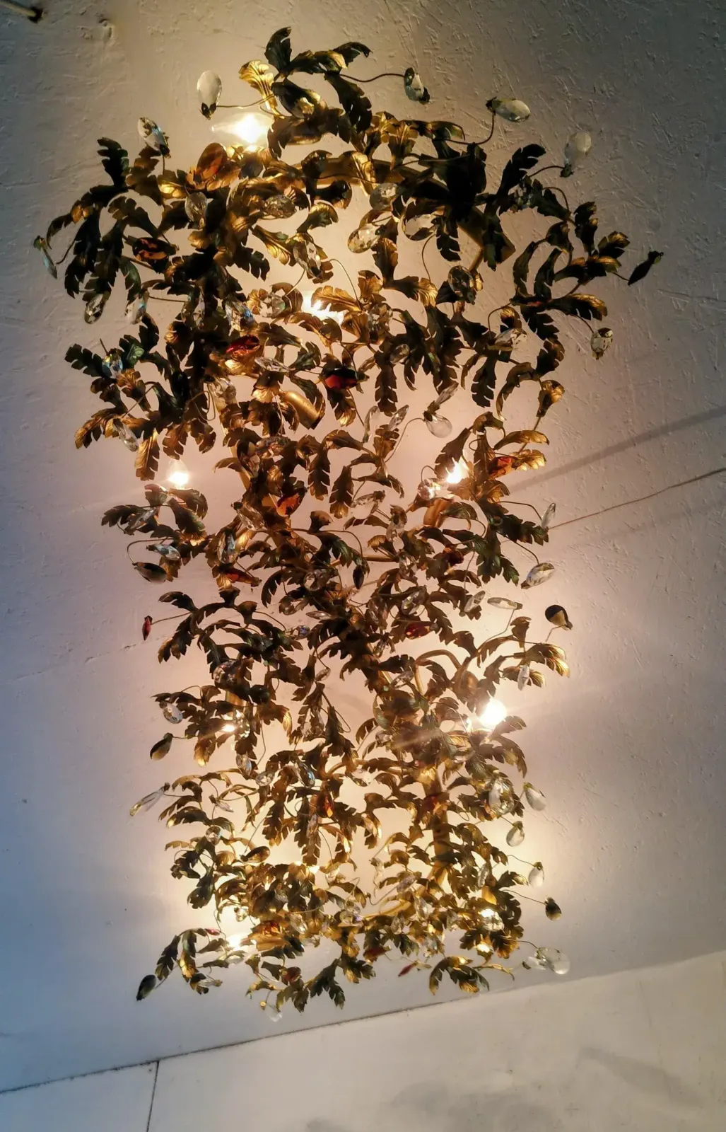Lighting Large Monumental Wrought Iron Leaf & Crystal Rectangular Flush Mount Chandelier Hollywood Regency 1990ss photo