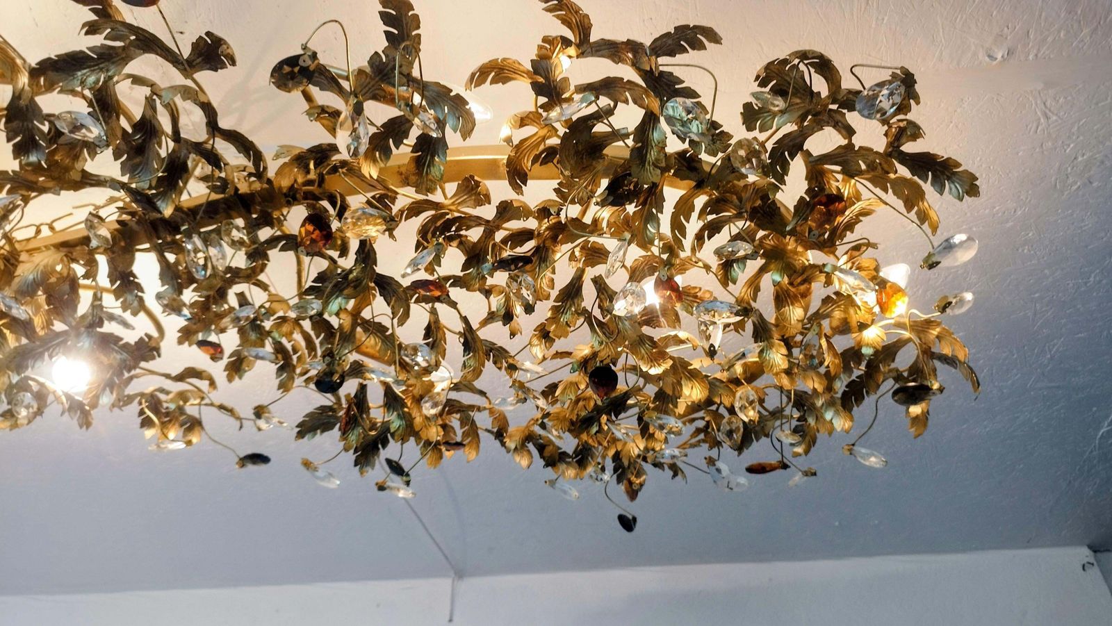 photo vinterior Large Monumental Wrought Iron Leaf & Crystal Rectangular Flush Mount Chandelier Hollywood Regency 1990ss