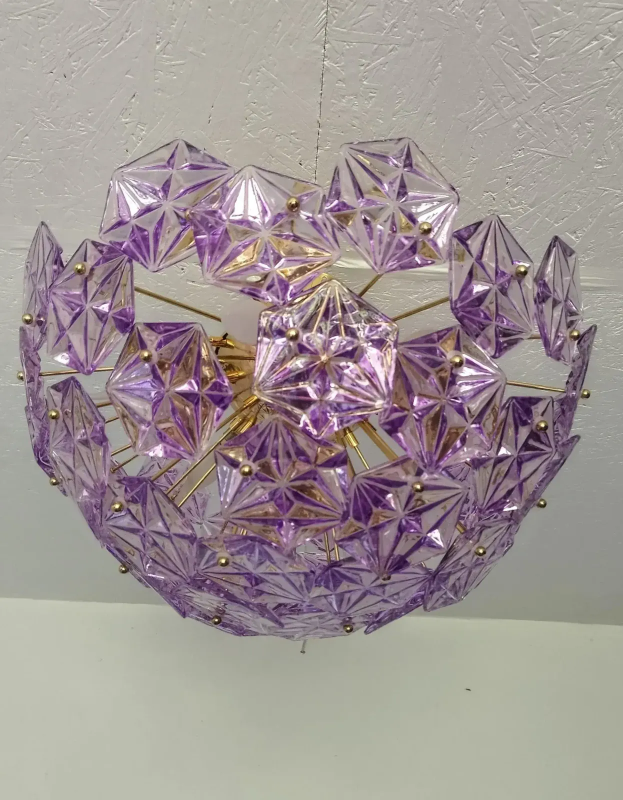 1990s Mid Century Modern Sputnik Flush Mount Chandelier Purple Diamond Cut Glass Lighting photo vintage