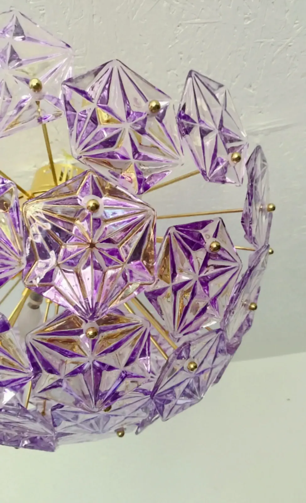 photo furniture 1990s Mid Century Modern Sputnik Flush Mount Chandelier Purple Diamond Cut Glass Lighting