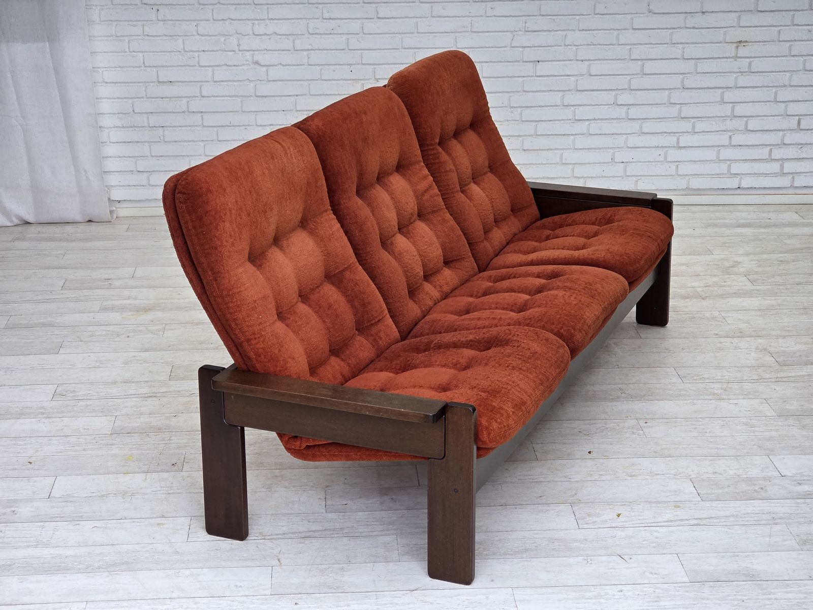 1970s, 3 Seater Danish Sofa, Orange/Red Furniture Velour, Oak Wood. photo 1670.0