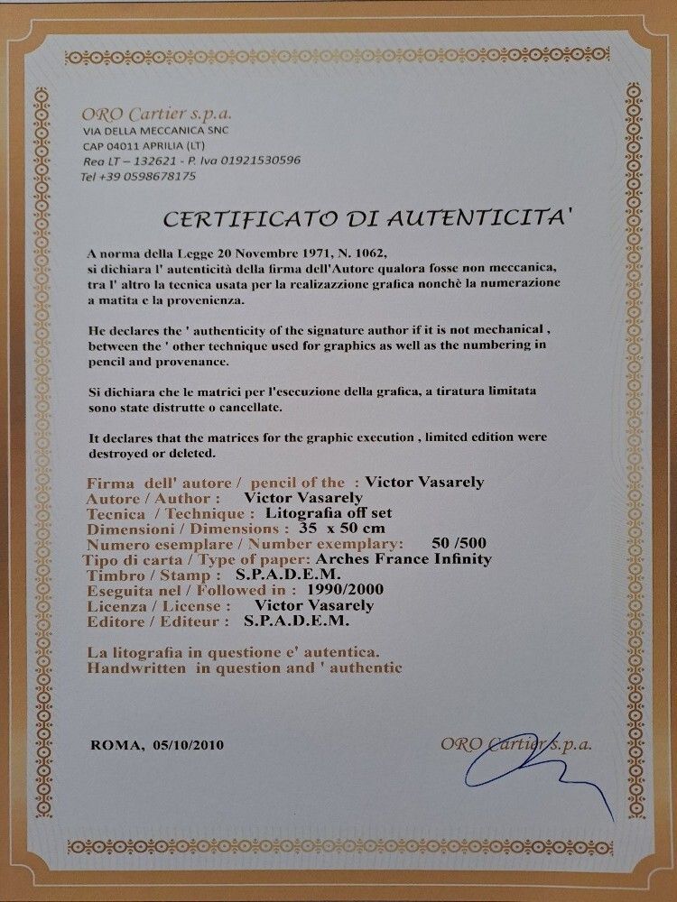 Victor Vasarely Signed  Orion Certificate photo for sale