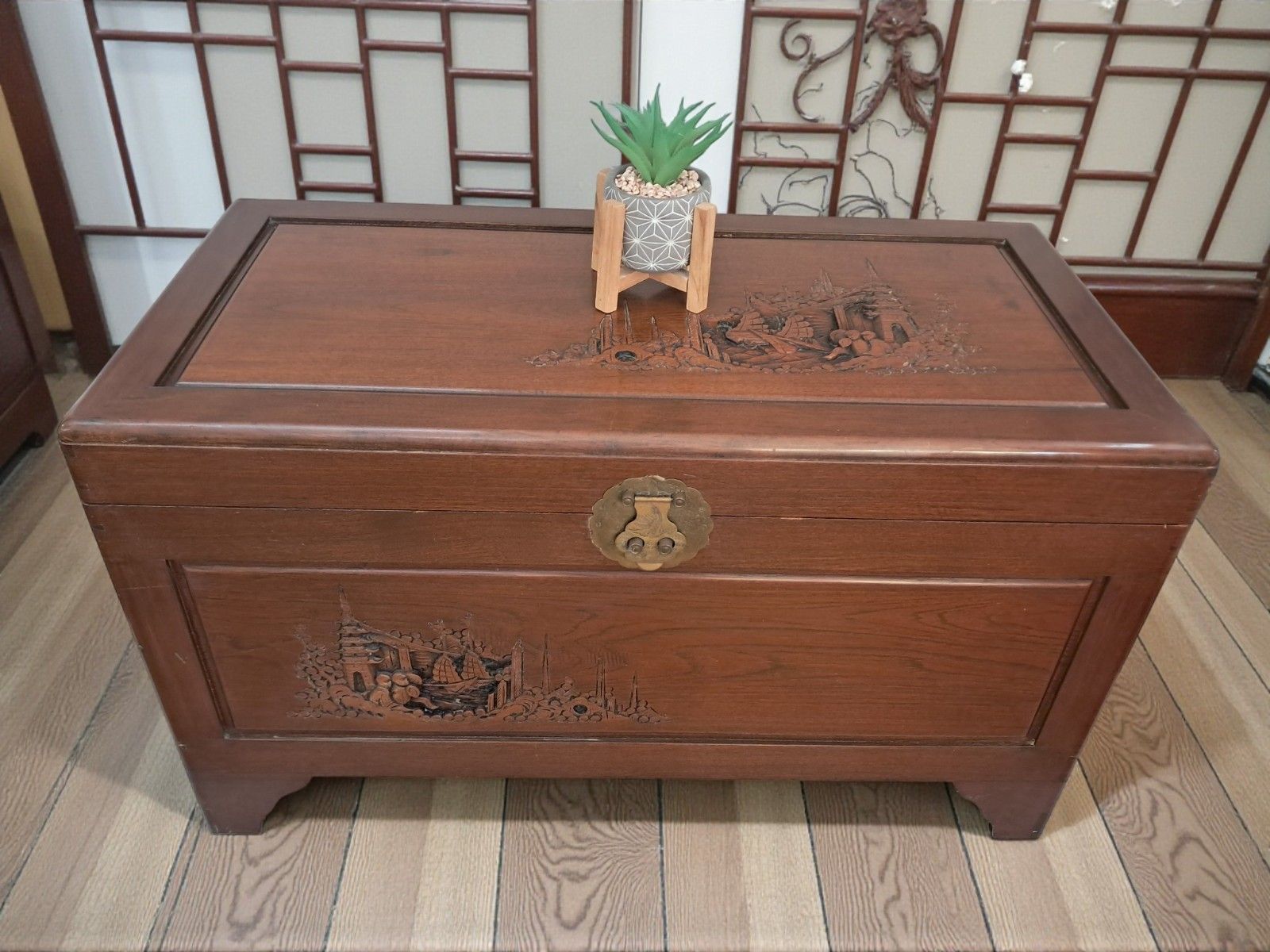 Antique Large Camphor Wood Trunk  Asian Oriental Carved Chest /  Trunk / Coffee