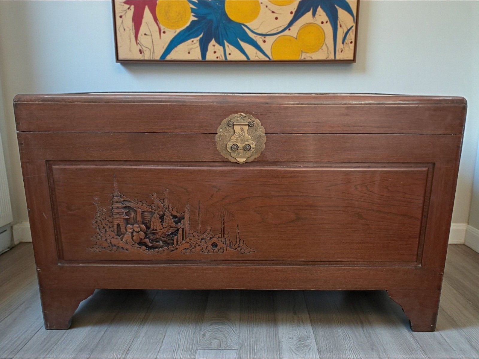 Antique Large Camphor Wood Trunk  Asian Oriental Carved Chest /  Trunk / Coffee photo Furniture