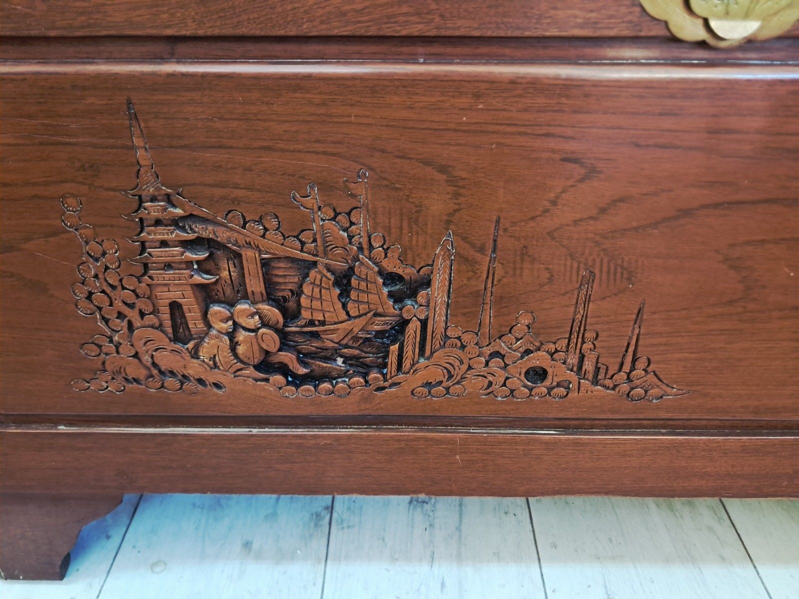 Antique Large Camphor Wood Trunk  Asian Oriental Carved Chest /  Trunk / Coffee photo vintage