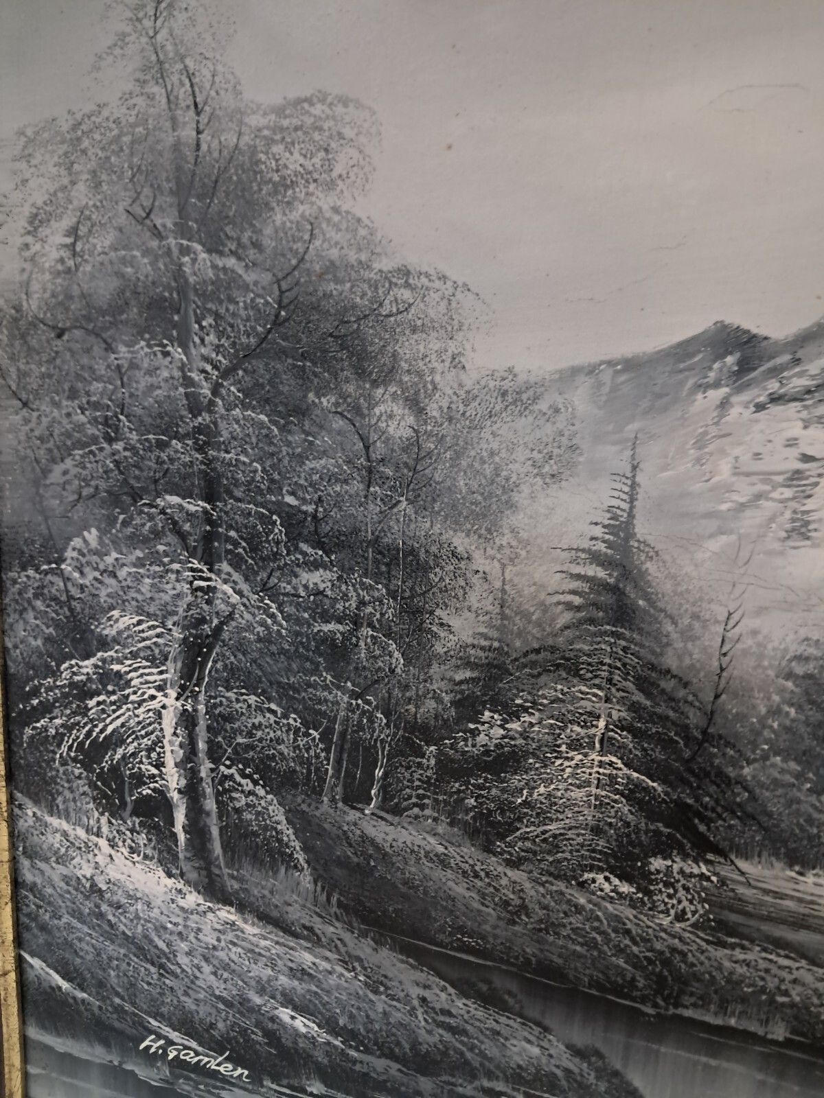 Art Large Oil Painting Black & White Winter Landscape On Canvas H Gamlen 1980 Framed photo