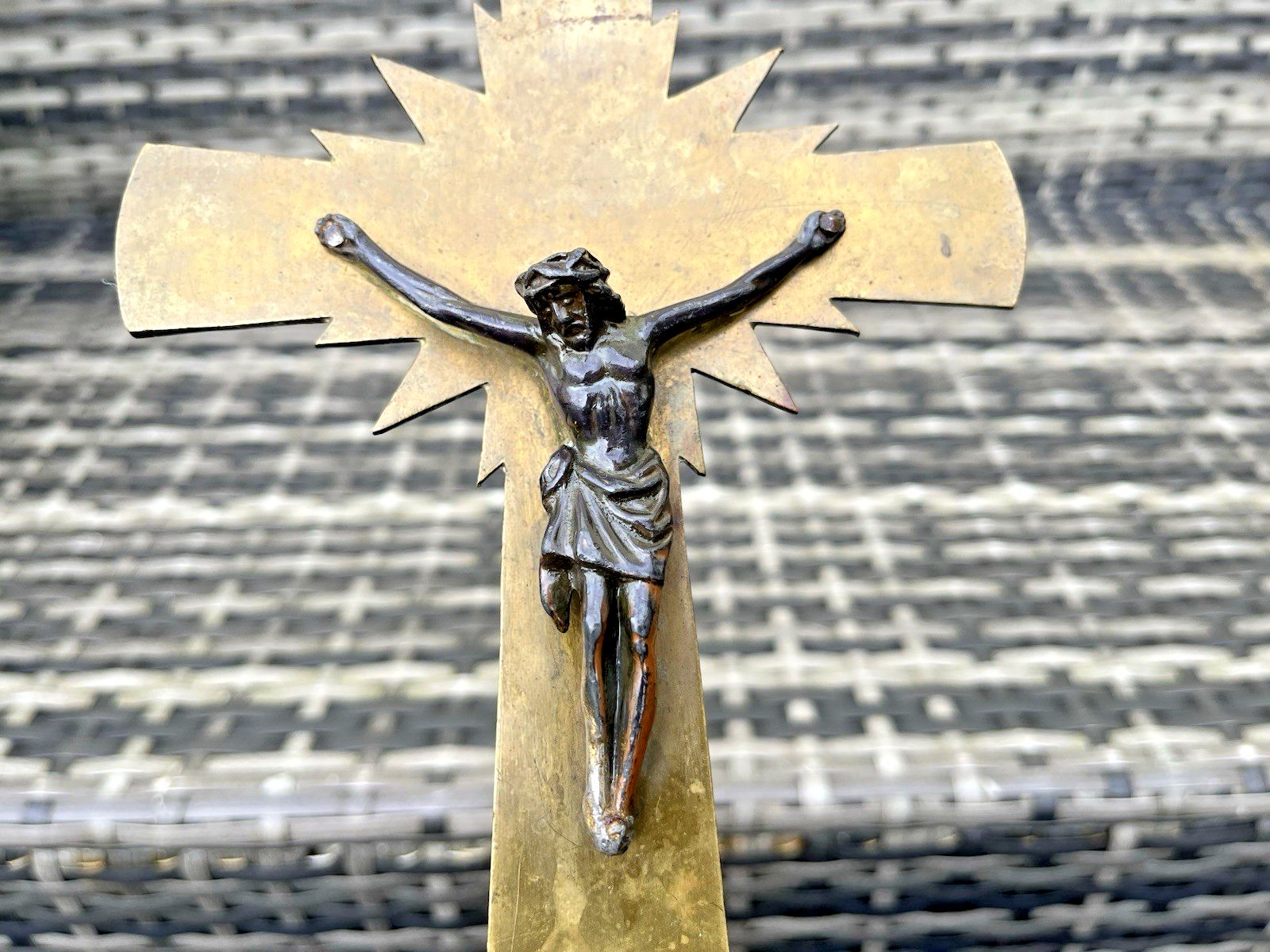 photo vinterior Art Deco Brass & Bronze Freestanding Altar Crucifix Church Cross Jesus French ?