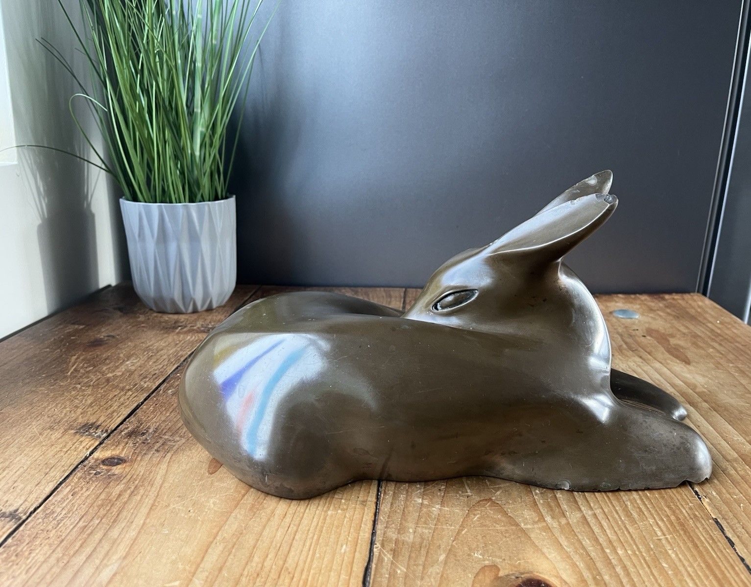 Large 50's Art Deco Style Signed Richard Fisher Bronze Resin Fawn Deer Sculpture photo furniture