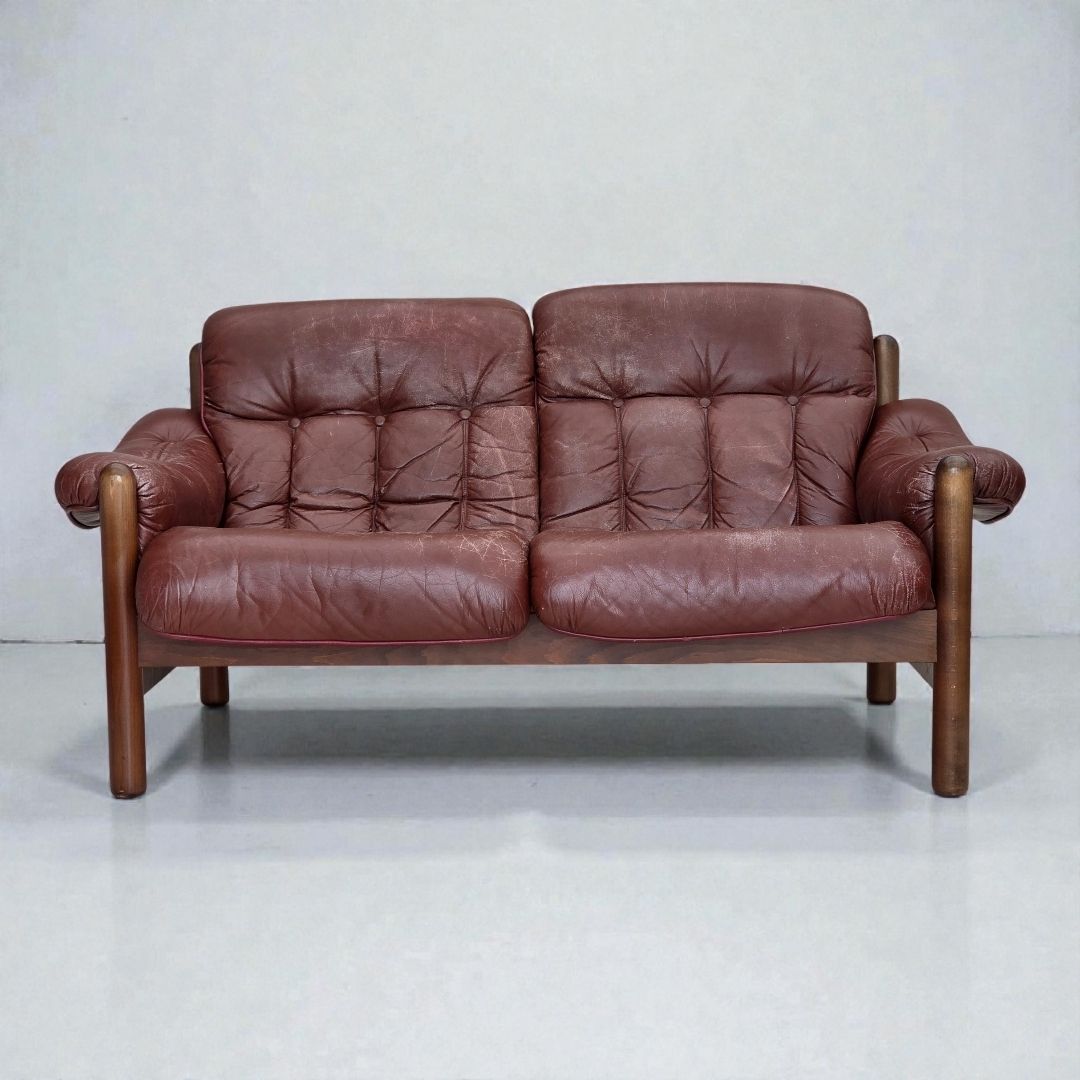 1970s, 2 Seater Swedish Sofa, Brown Leather With Patina, Dark Beech Wood.