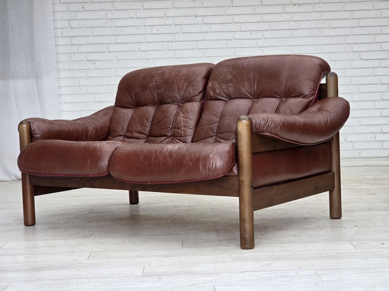 1970s, 2 Seater Swedish Sofa, Brown Leather With Patina, Dark Beech Wood. photo for sale