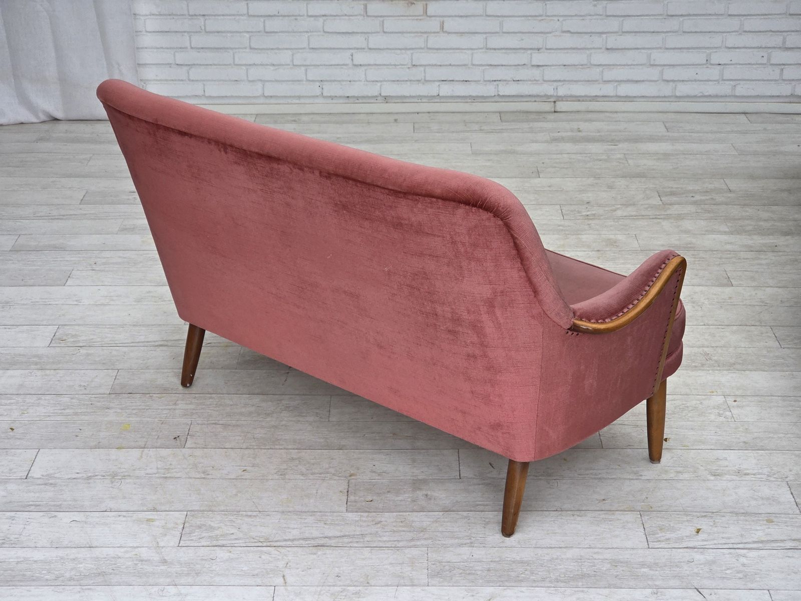 1970s, 2 Seater Swedish Sofa, Pink Furniture Velour, Beech Wood. photo vintage