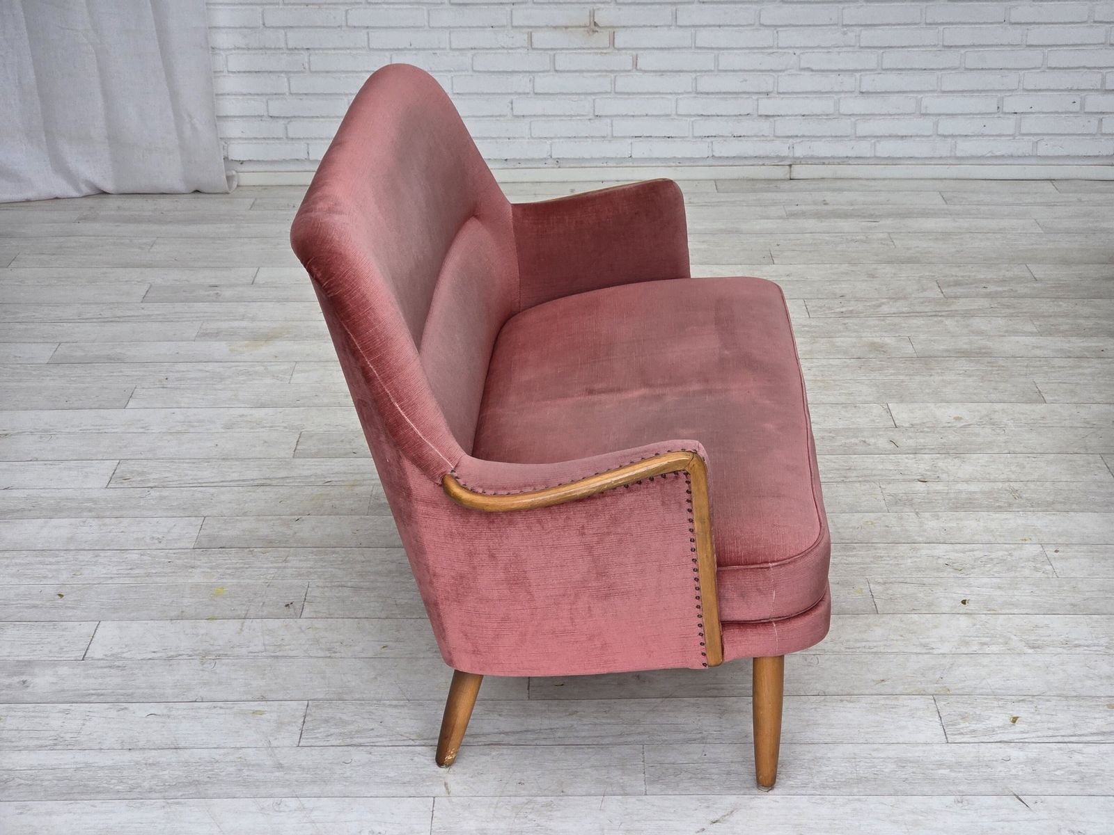 photo for sale 1970s, 2 Seater Swedish Sofa, Pink Furniture Velour, Beech Wood.