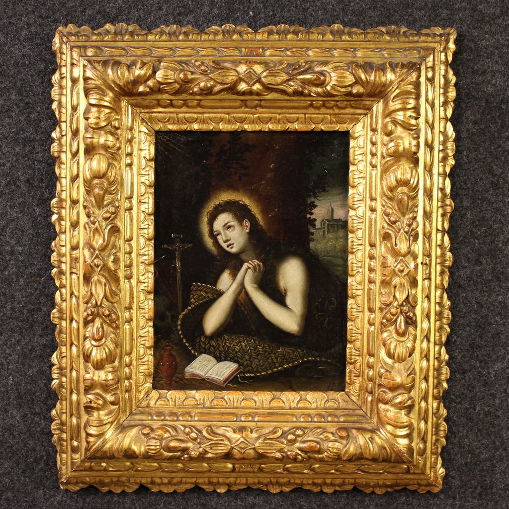 Antique 17th Century Copper Painting, Penitent Magdalene