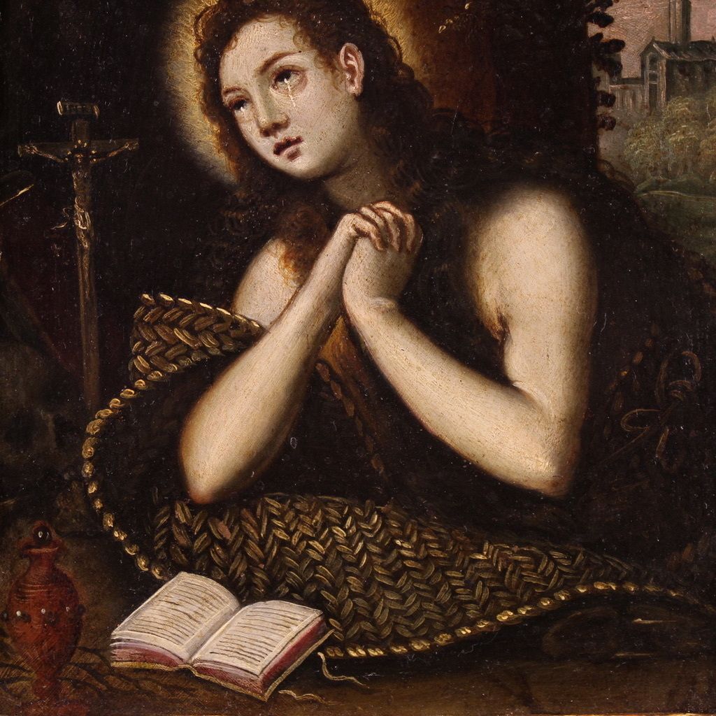Antique 17th Century Copper Painting, Penitent Magdalene photo for sale