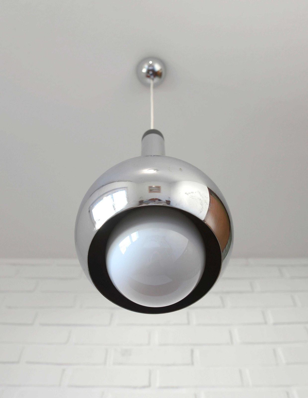 Vintage Pendant Light / Mcm Hanging Lamp / Mid Century Modern / Minimalist Chrome Lighting photo for sale