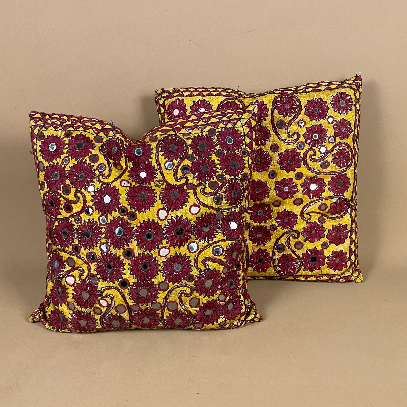 Pair Of Antique Indian Traditional Cushions Embroidered Floral Shisha Mirrrorwork Scatter Pillow 40x40cm Square Pattern Handmade Decorative