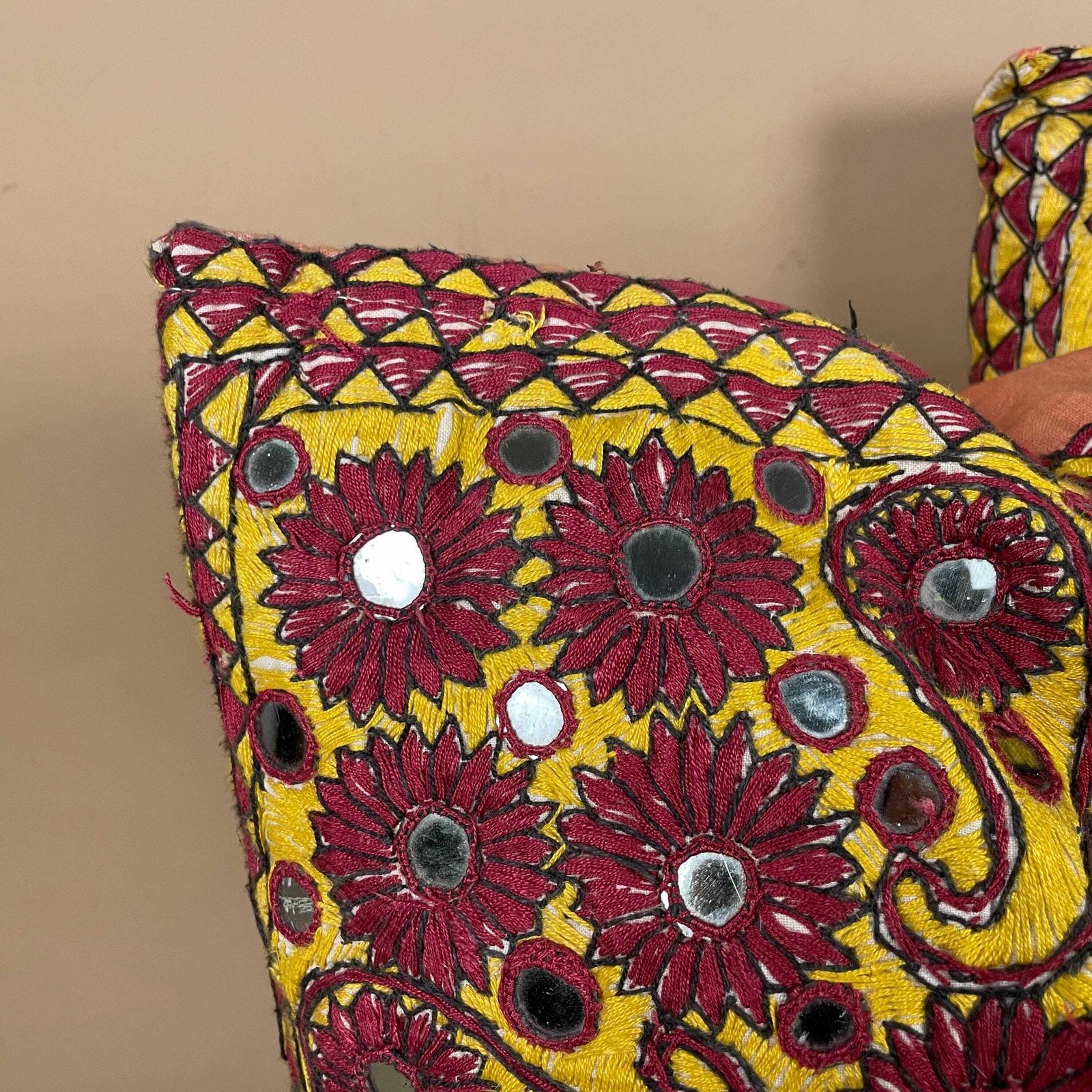 Pair Of Antique Indian Traditional Cushions Embroidered Floral Shisha Mirrrorwork Scatter Pillow 40x40cm Square Pattern Handmade Decorative photo for sale