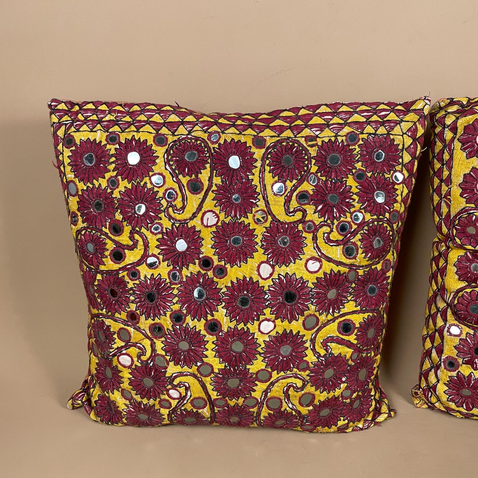 Pair Of Antique Indian Traditional Cushions Embroidered Floral Shisha Mirrrorwork Scatter Pillow 40x40cm Square Pattern Handmade Decorative photo 116.0