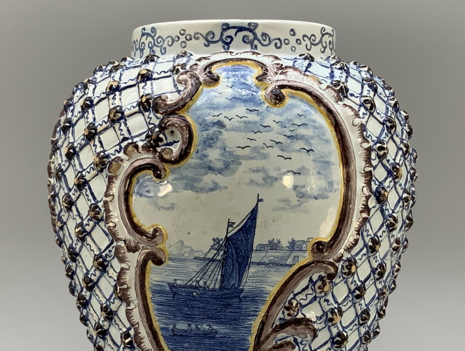 Large Superb 19thc Dutch Style French Faience Delft Manganese Blue & White Vase photo Home Decor