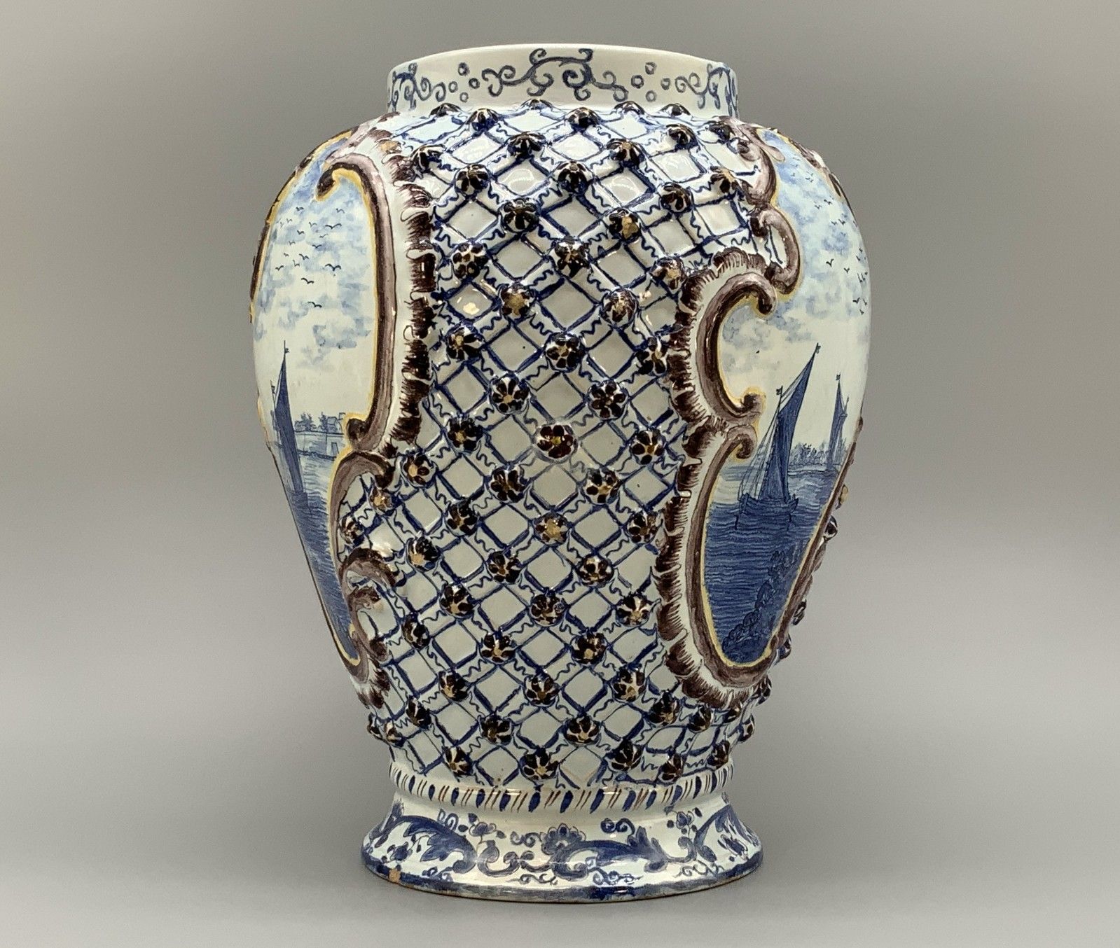 Large Superb 19thc Dutch Style French Faience Delft Manganese Blue & White Vase photo buy