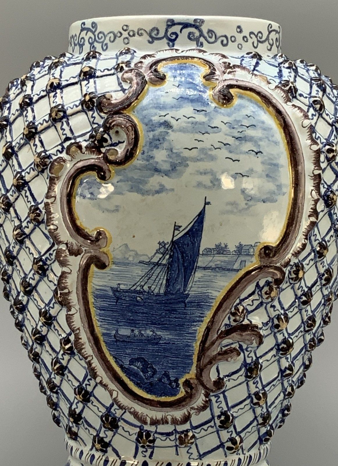 photo for sale Large Superb 19thc Dutch Style French Faience Delft Manganese Blue & White Vase