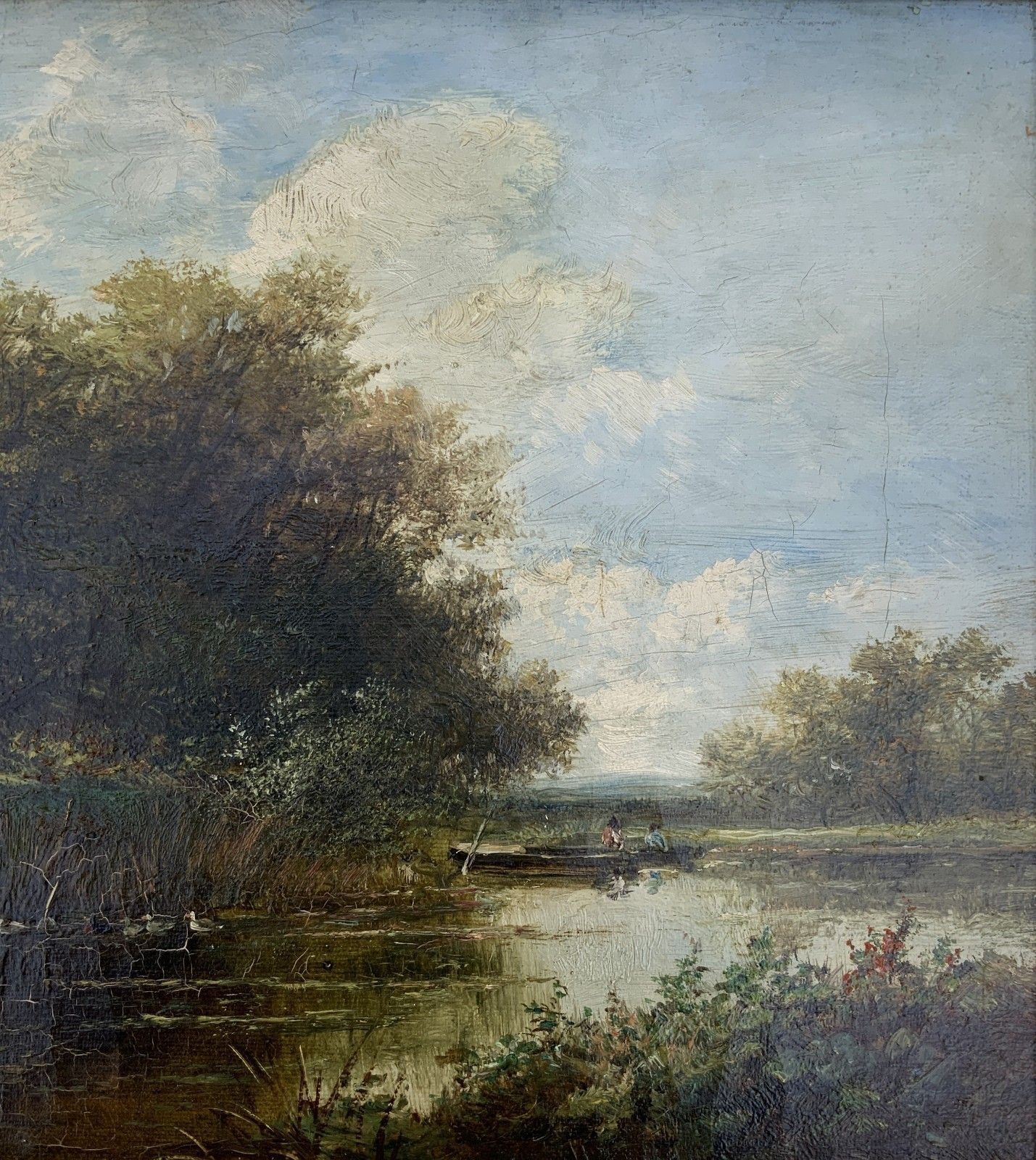 Att: Abraham Hulk Junior (British, 1851 1922) Duck Pond Riverscape Oil Painting photo for sale