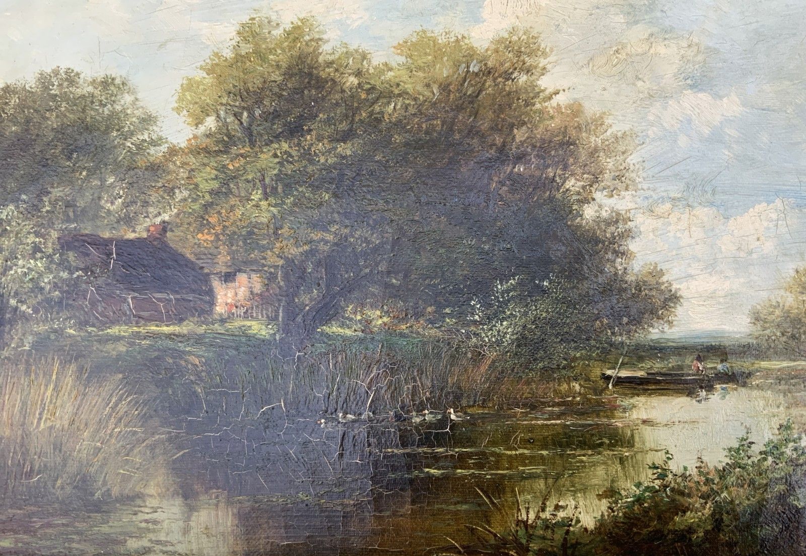 photo furniture Att: Abraham Hulk Junior (British, 1851 1922) Duck Pond Riverscape Oil Painting