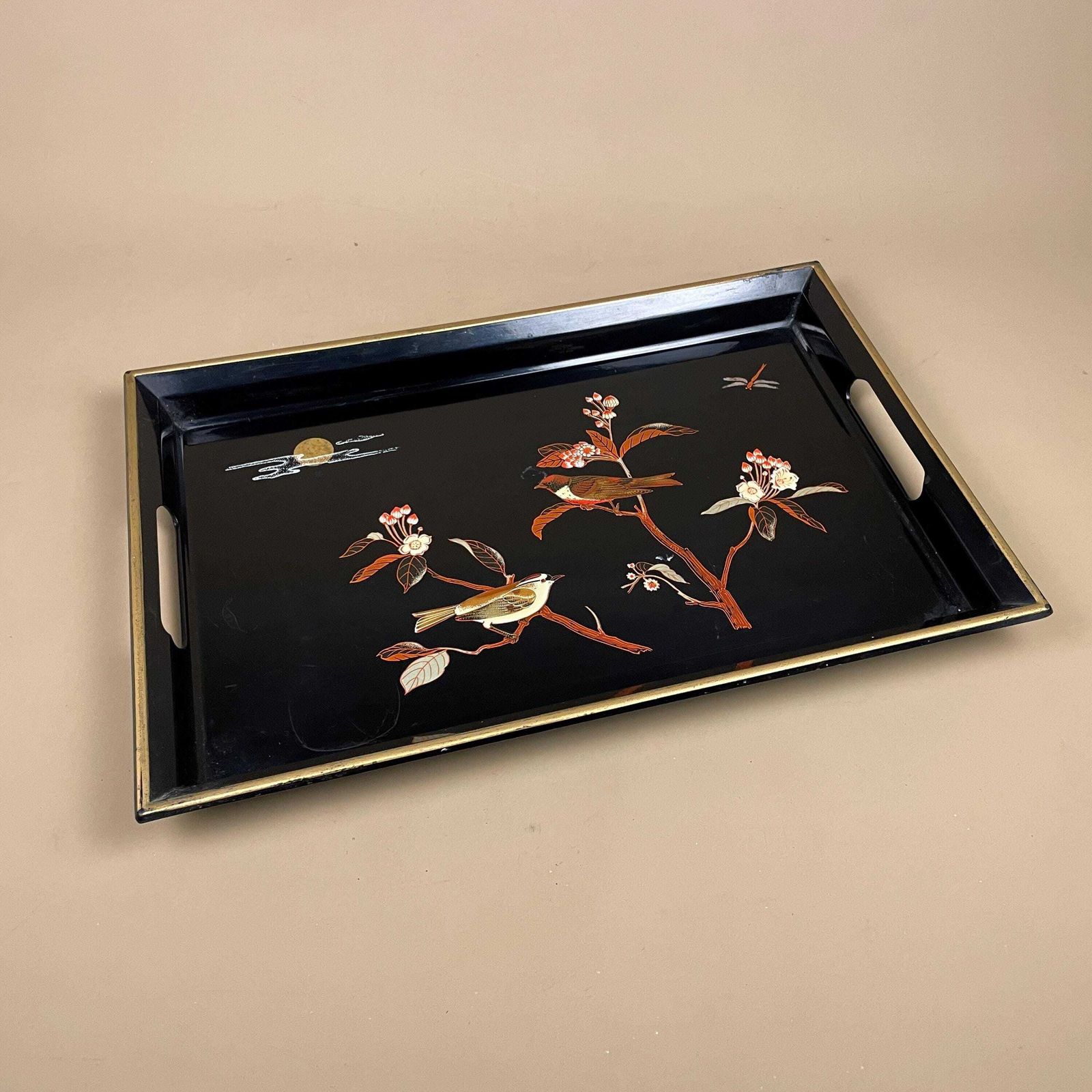 Japanese Lacquered Wood Tray Rectangle Floral Bird Design Oriental Black Decorative Asian Serving Tray Antique Vintage Display