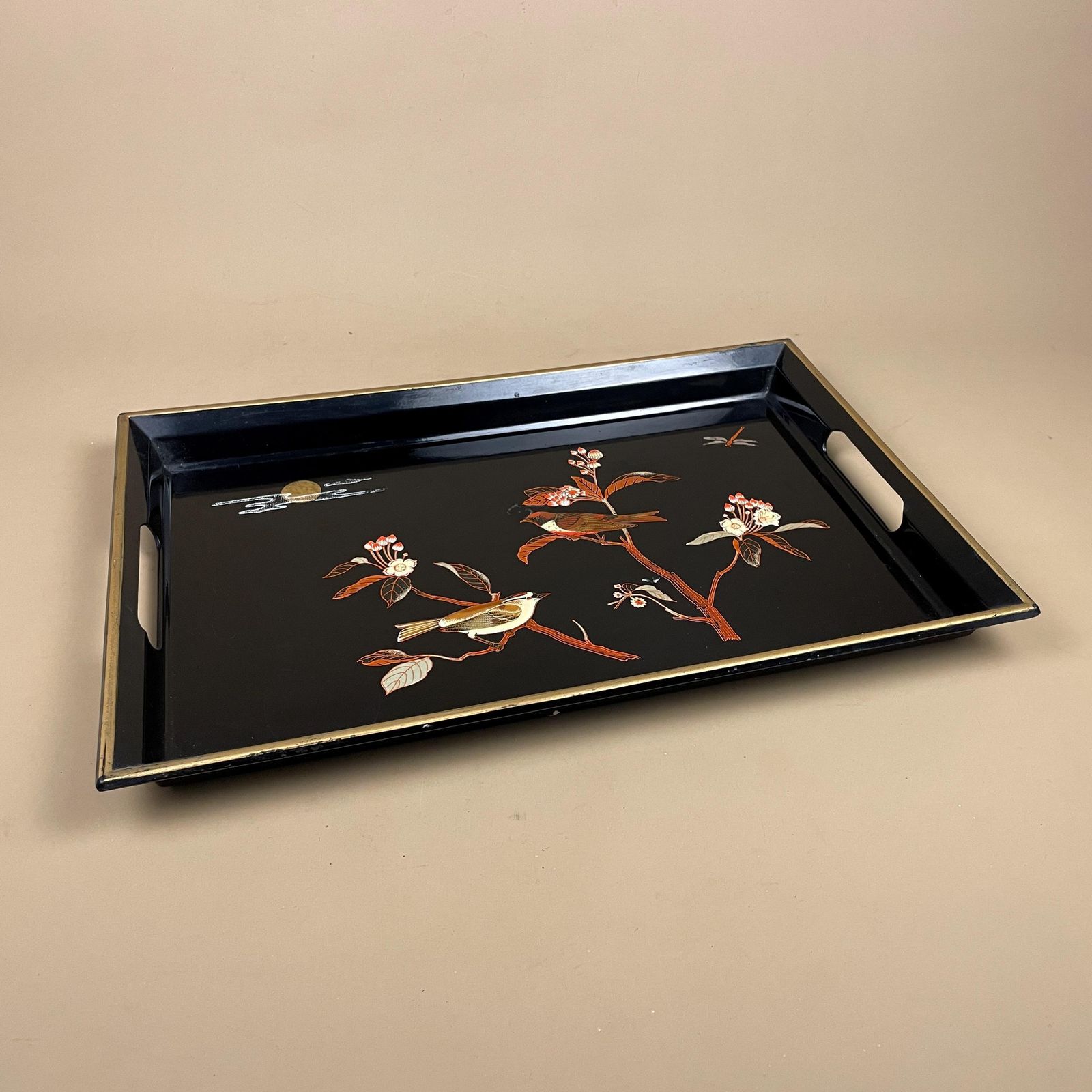 Japanese Lacquered Wood Tray Rectangle Floral Bird Design Oriental Black Decorative Asian Serving Tray Antique Vintage Display photo for sale