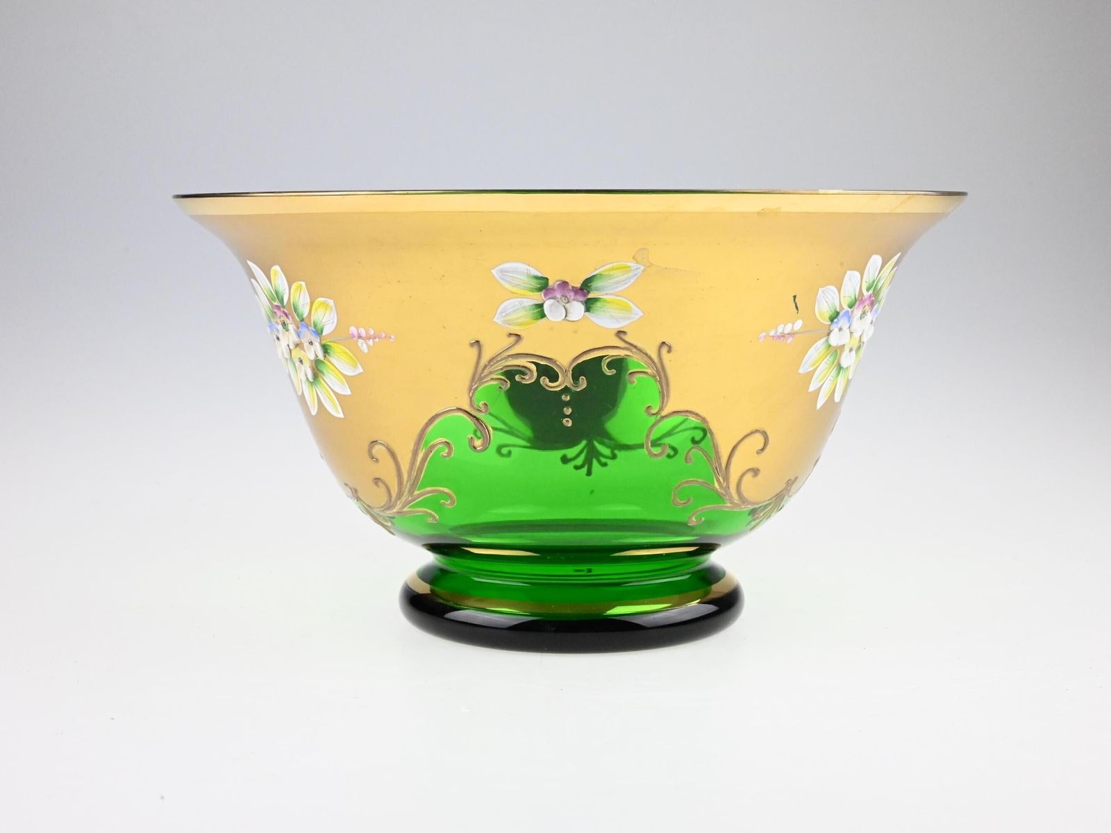 24k Gold Plated Glass Bowl, Glass Bowl, Green Glass Bowl, Gold Bowl, Bohemian Glass, Czech Glass Bowl, Enameled Bowl, Hand Painted Bowl photo vinterior