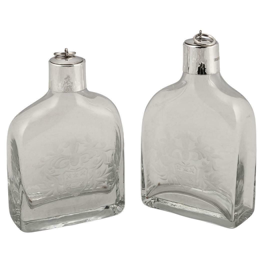21stc English Solid Silver Mounted Glass Decanters With Heraldic Engraving C2007