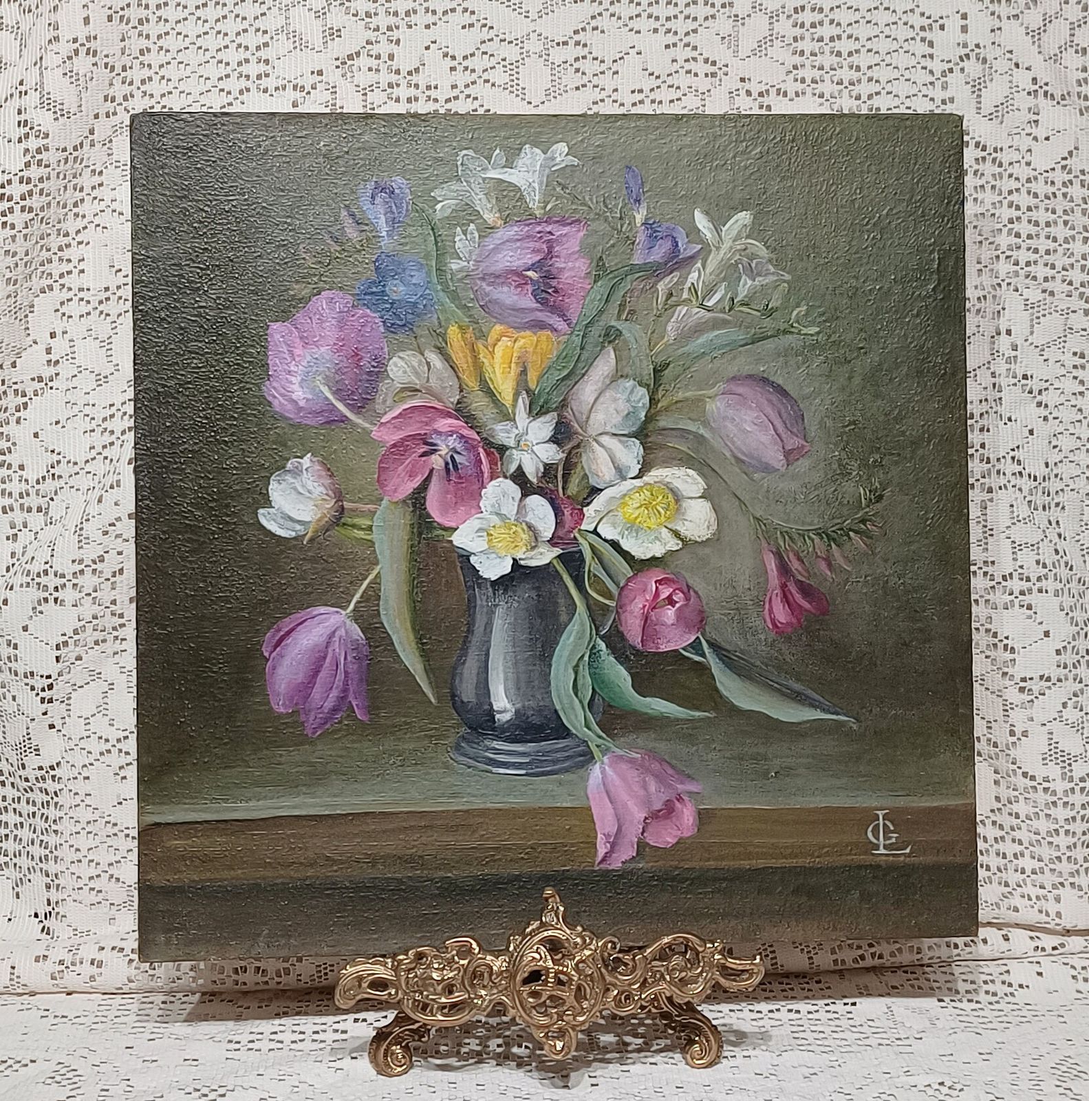 photo furniture Original Floral Oil Painting Still Life Study Wild Flowers Artist Monogram L G .