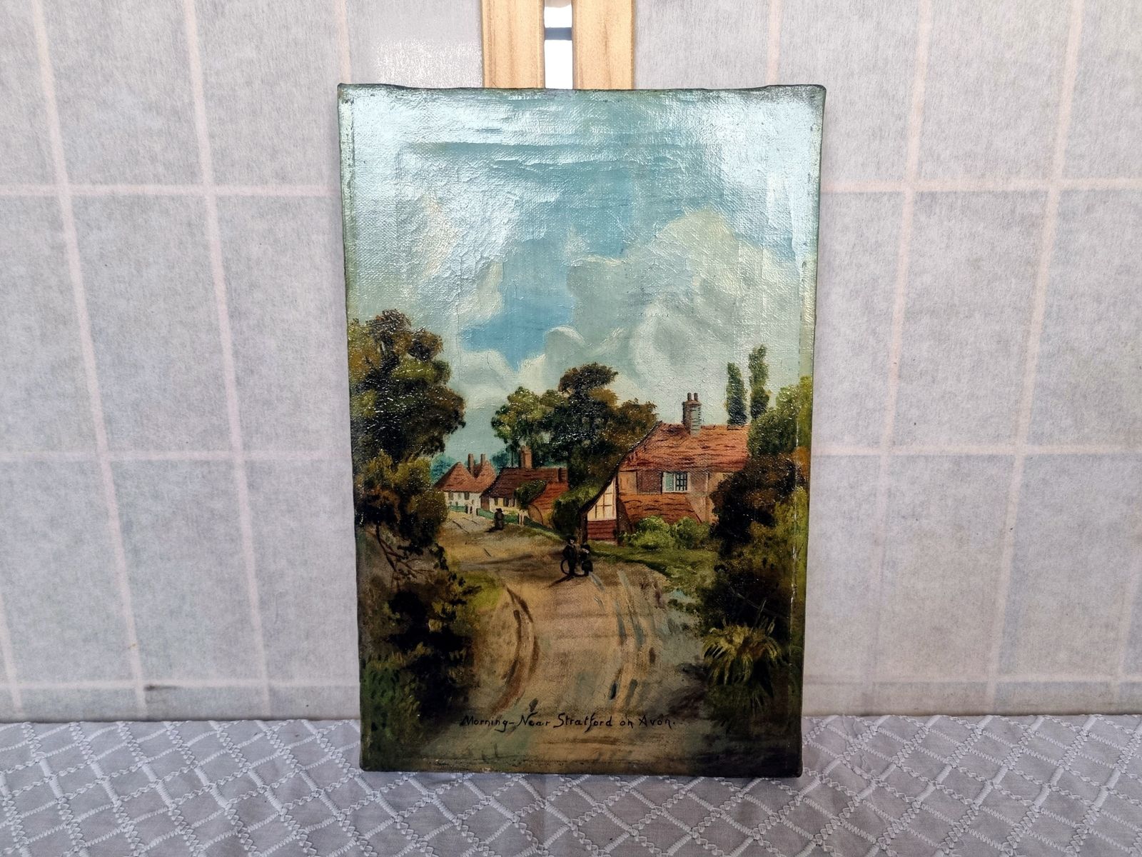 Antique English Oil Painting, Original Landscape Artwork On Canvas, Hand Painted Village Scene photo furniture
