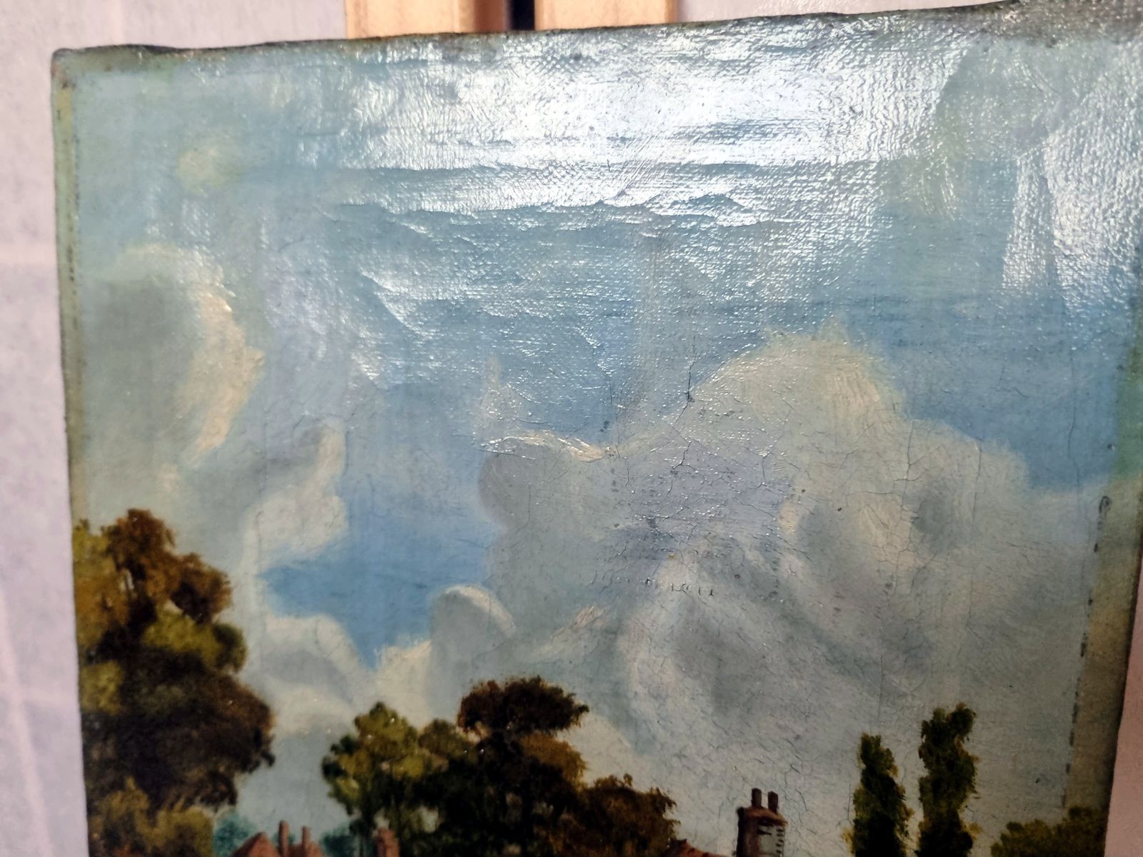 Antique English Oil Painting, Original Landscape Artwork On Canvas, Hand Painted Village Scene photo Art