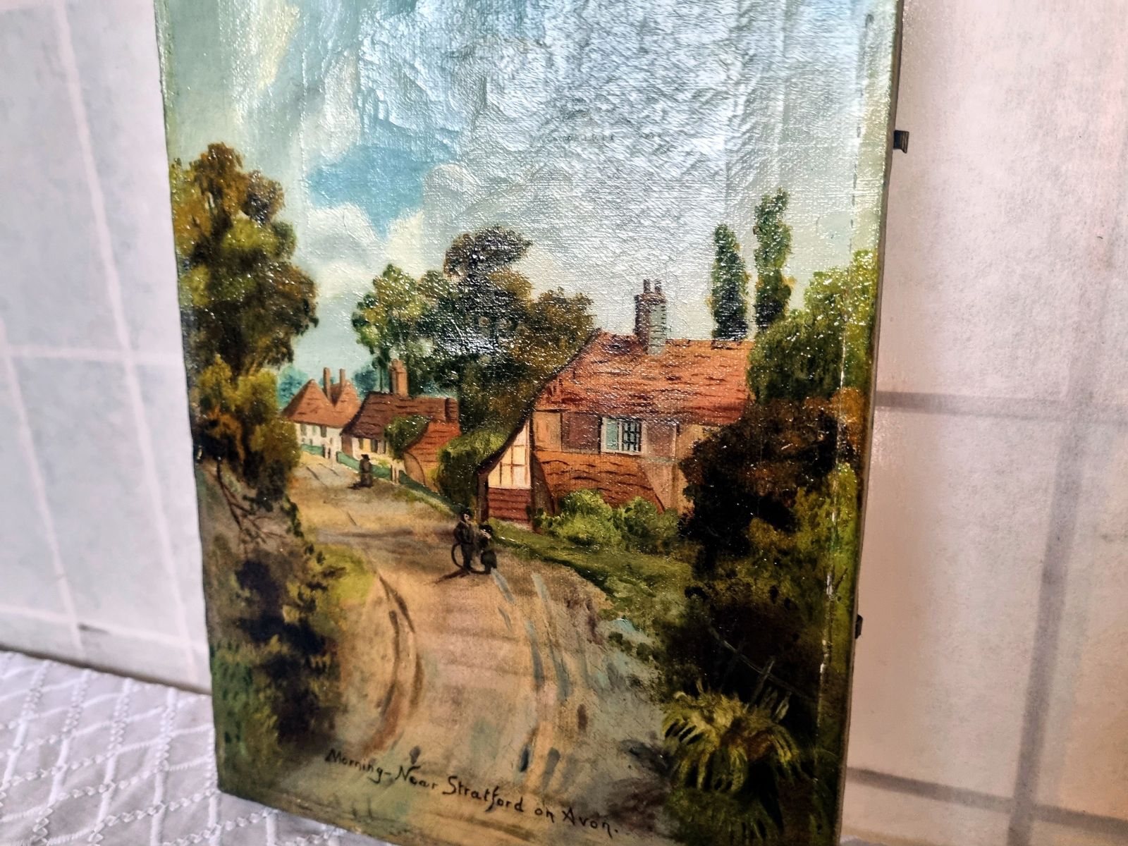 Antique English Oil Painting, Original Landscape Artwork On Canvas, Hand Painted Village Scene photo 550.0