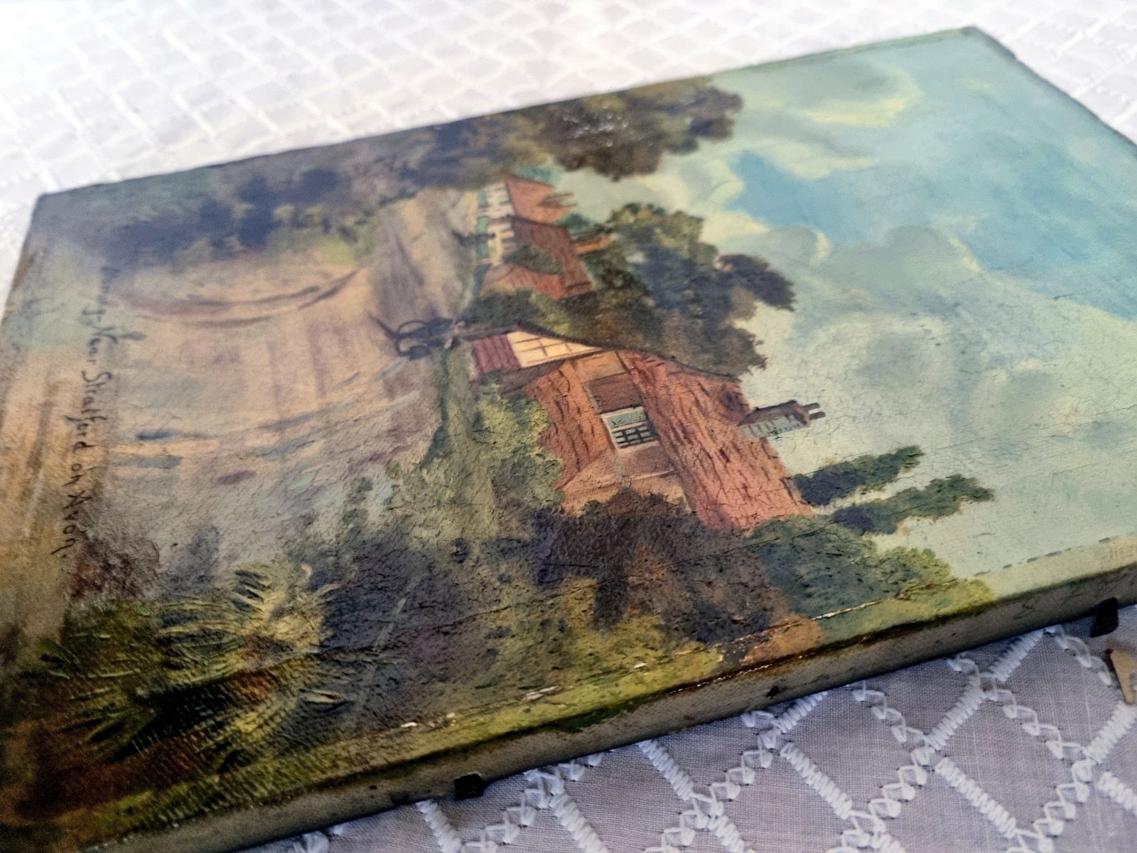 Art Antique English Oil Painting, Original Landscape Artwork On Canvas, Hand Painted Village Scene photo