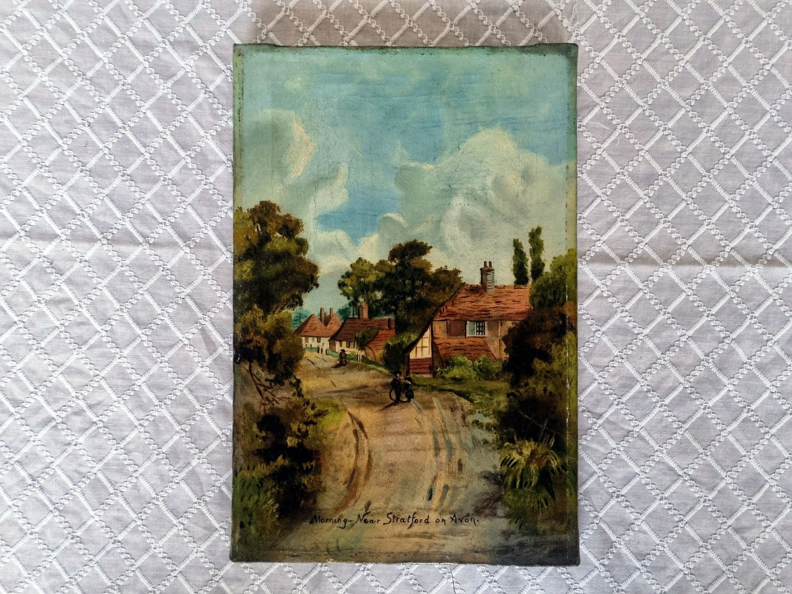 550.0 Antique English Oil Painting, Original Landscape Artwork On Canvas, Hand Painted Village Scene photo