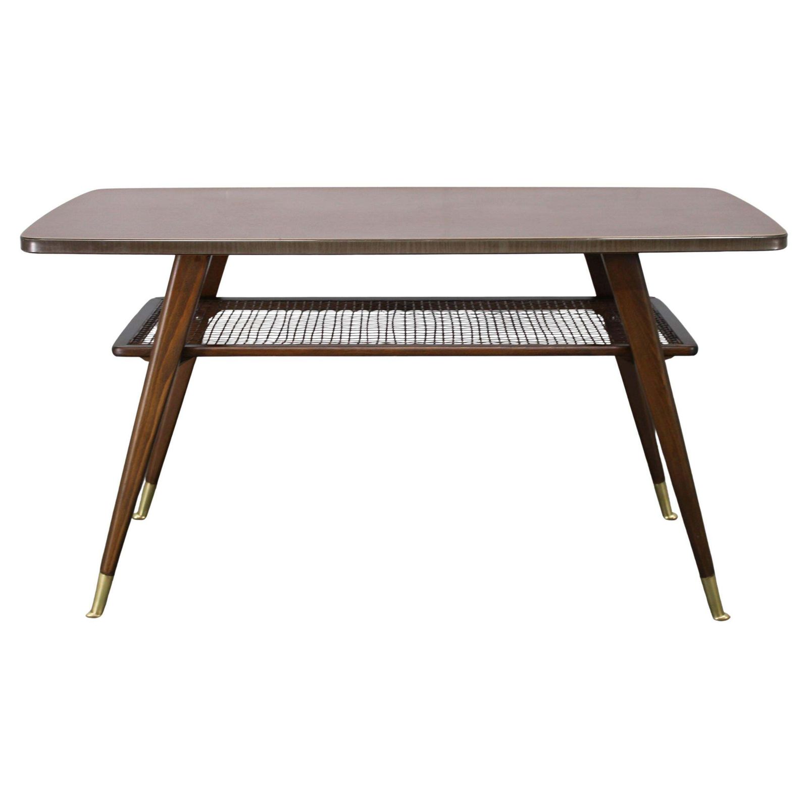 Mid Century German Coffee Table With Rattan Shelf And Brass Legs