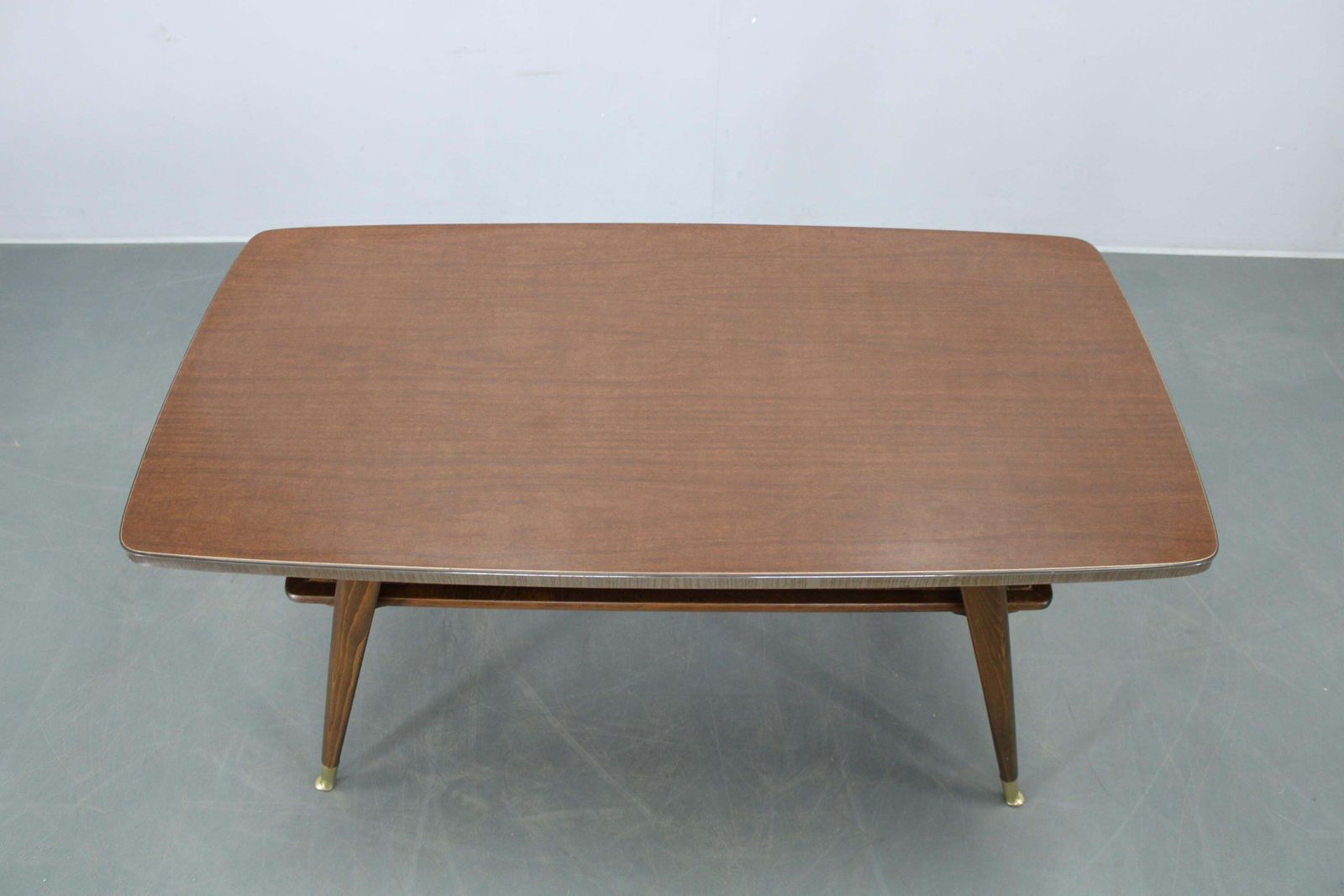 Mid Century German Coffee Table With Rattan Shelf And Brass Legs photo for sale