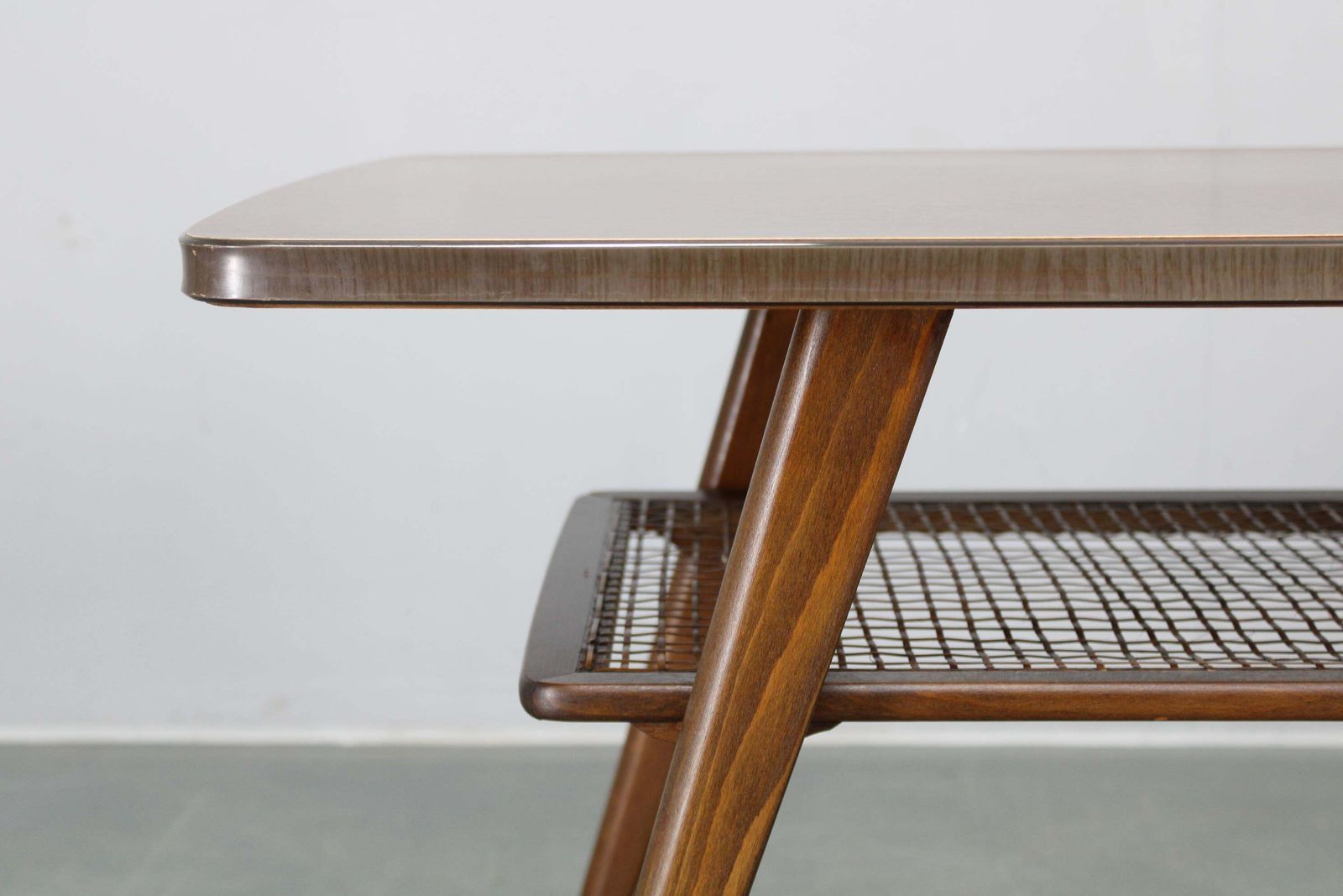 Mid Century German Coffee Table With Rattan Shelf And Brass Legs photo Furniture