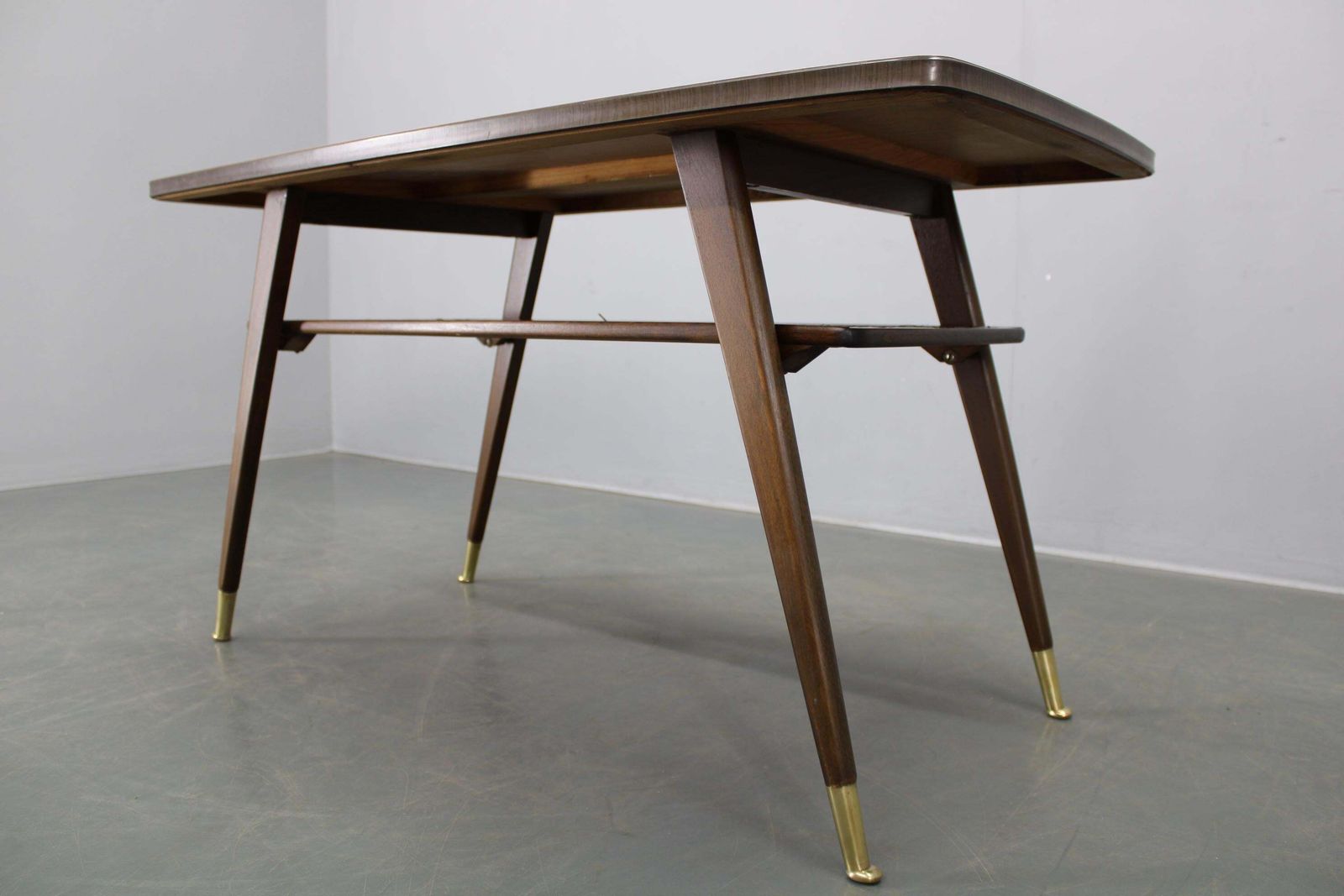 Mid Century German Coffee Table With Rattan Shelf And Brass Legs photo vinterior