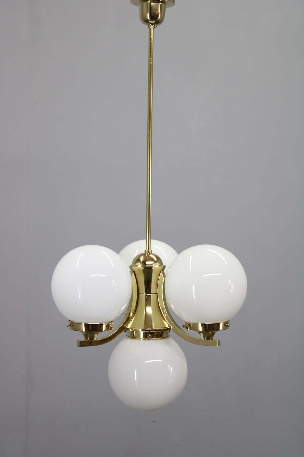 Art Deco Brass Chandelier With Opaline Glass, Czechoslovakia, 1930s photo for sale