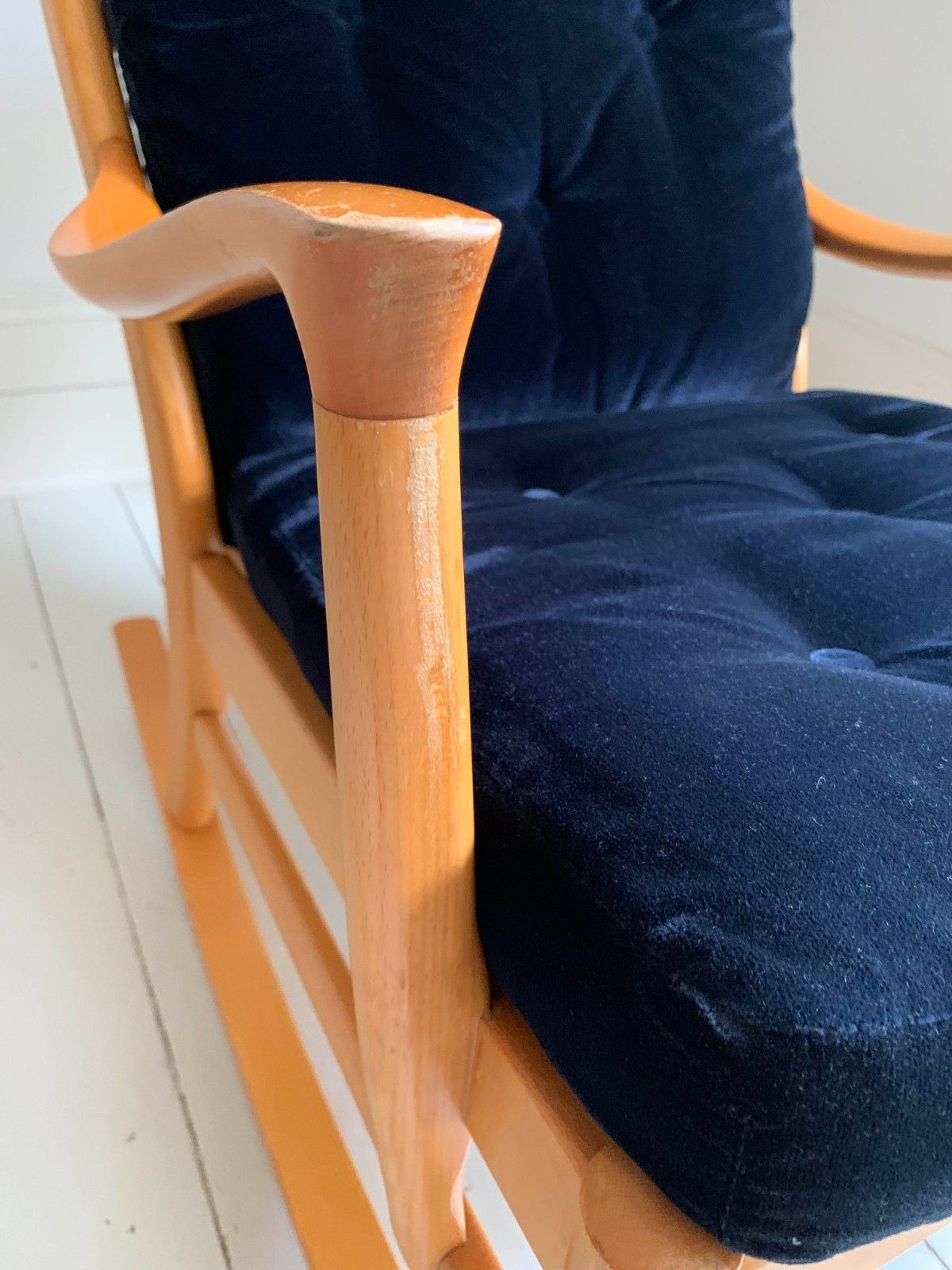 photo for sale Mid Century Parker Knoll Florian Rocking Chair W/ Beech Frame, Midnight Blue Velvet Cushions