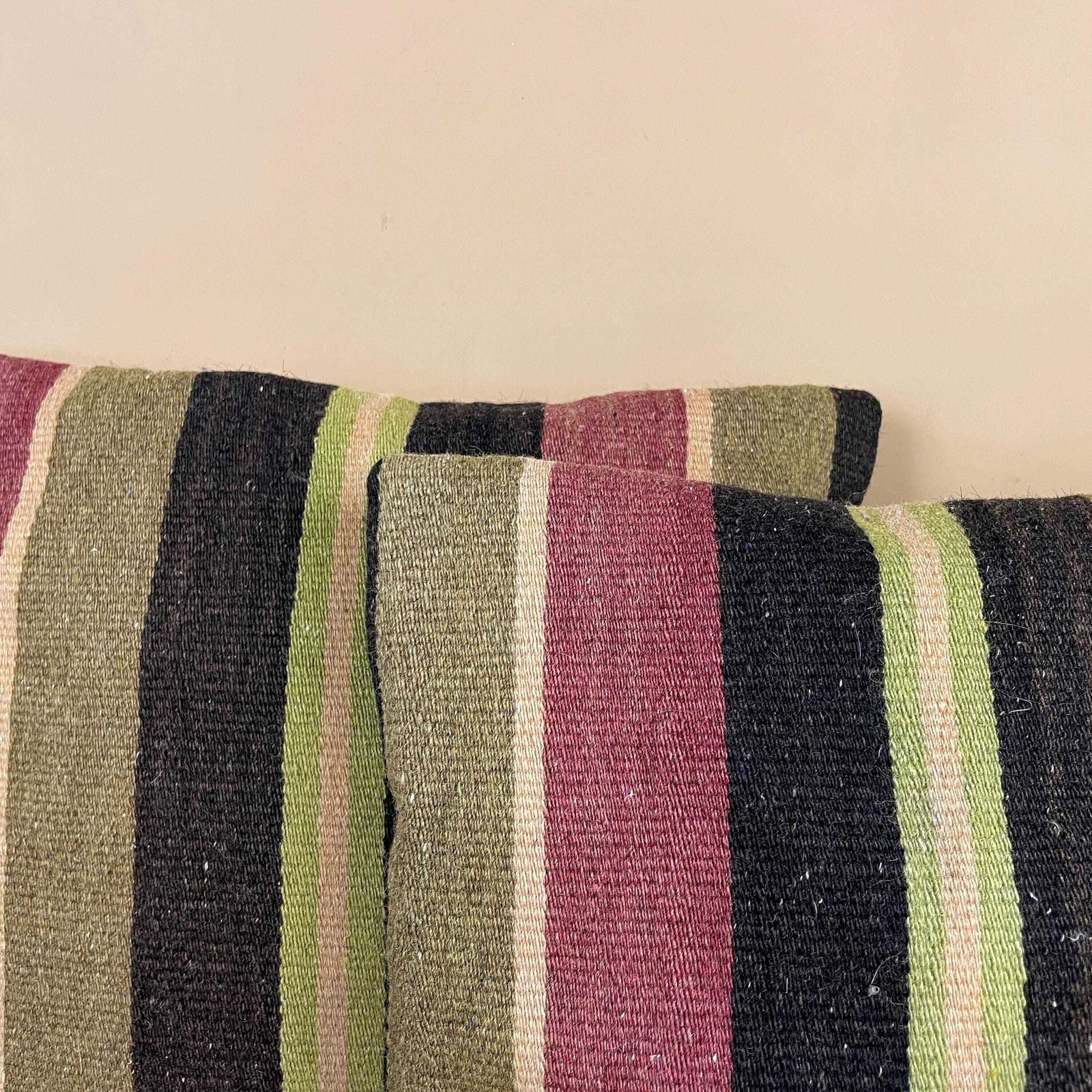 Set Of 2 Vintage Moroccan Wool Woven Cushion Scatter Pillow Kilim Green Striped Pattern Antique Cushions 39x39cm Bolster Throw Decorative photo furniture